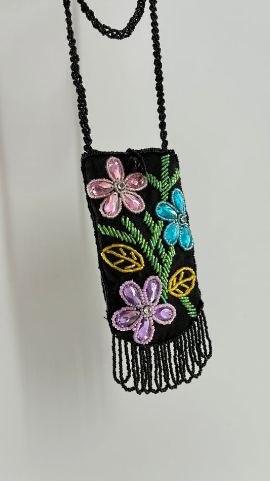 Vintage Black Beaded Floral Crossbody