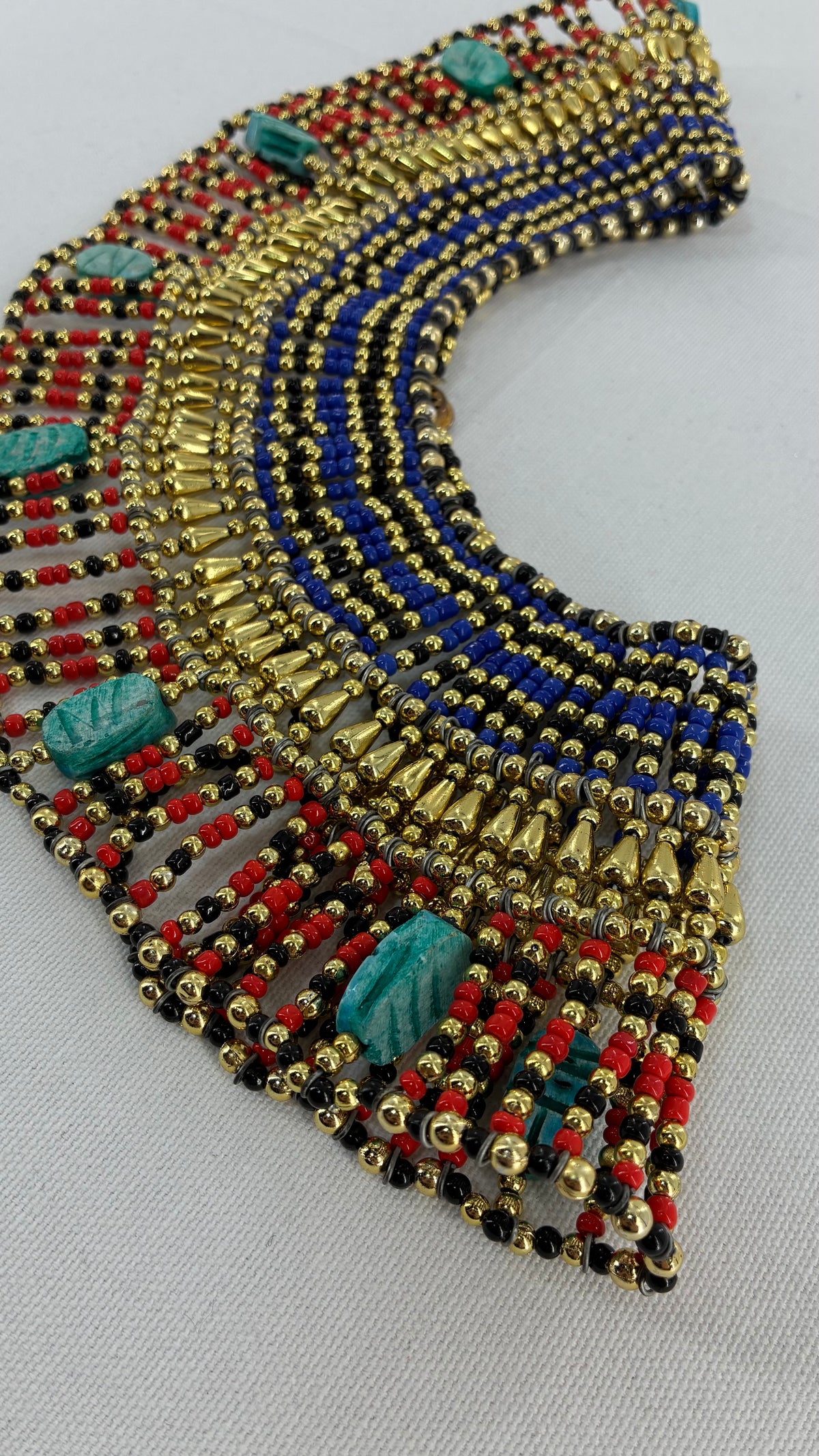 Vintage Egyptian Cleopatra Pharaoh Scarab Beaded Bib Necklace