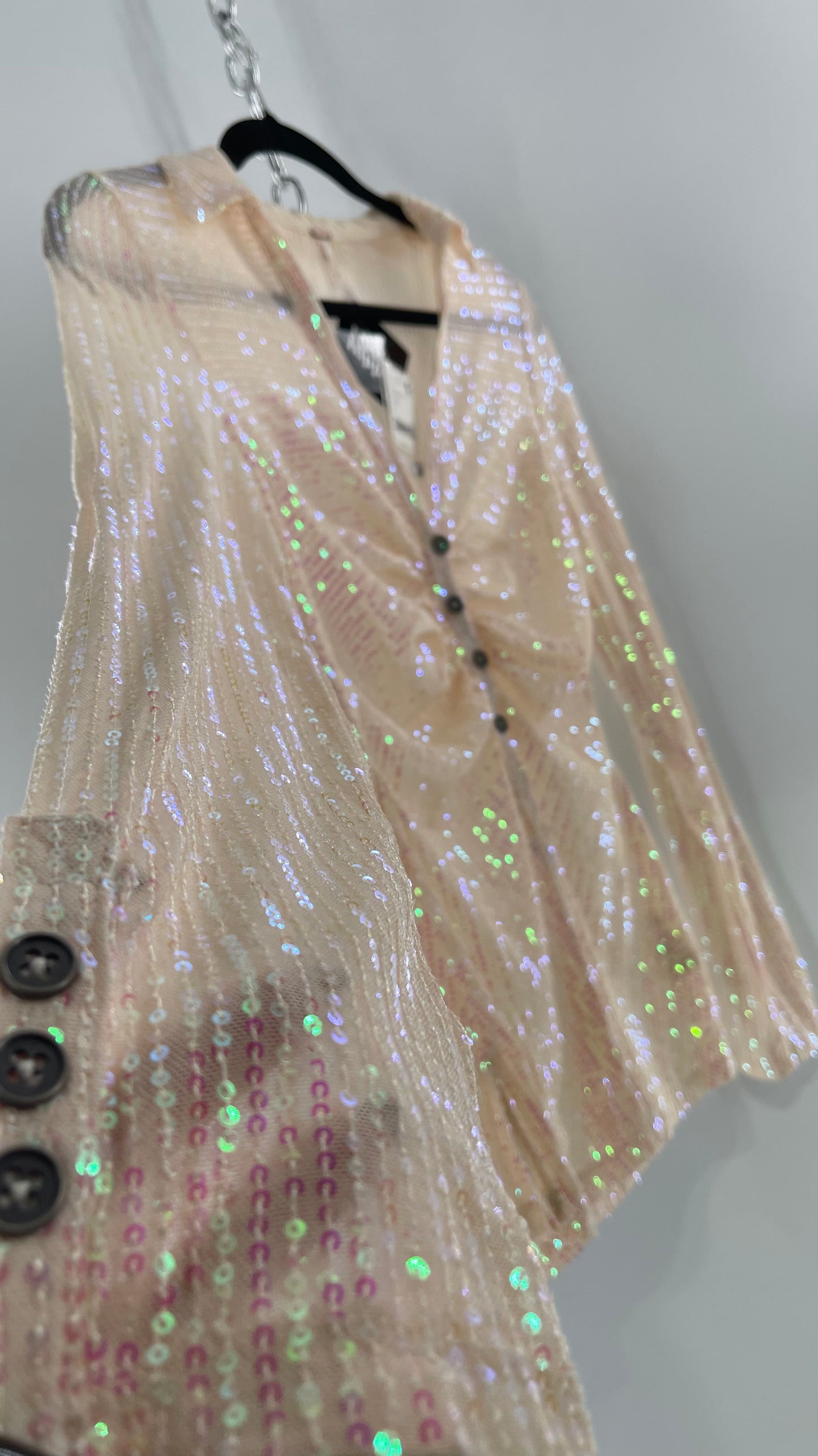 Free People Iridescent Sequined Button Front Ruched Bust Blouse with Tags Attached (Small)