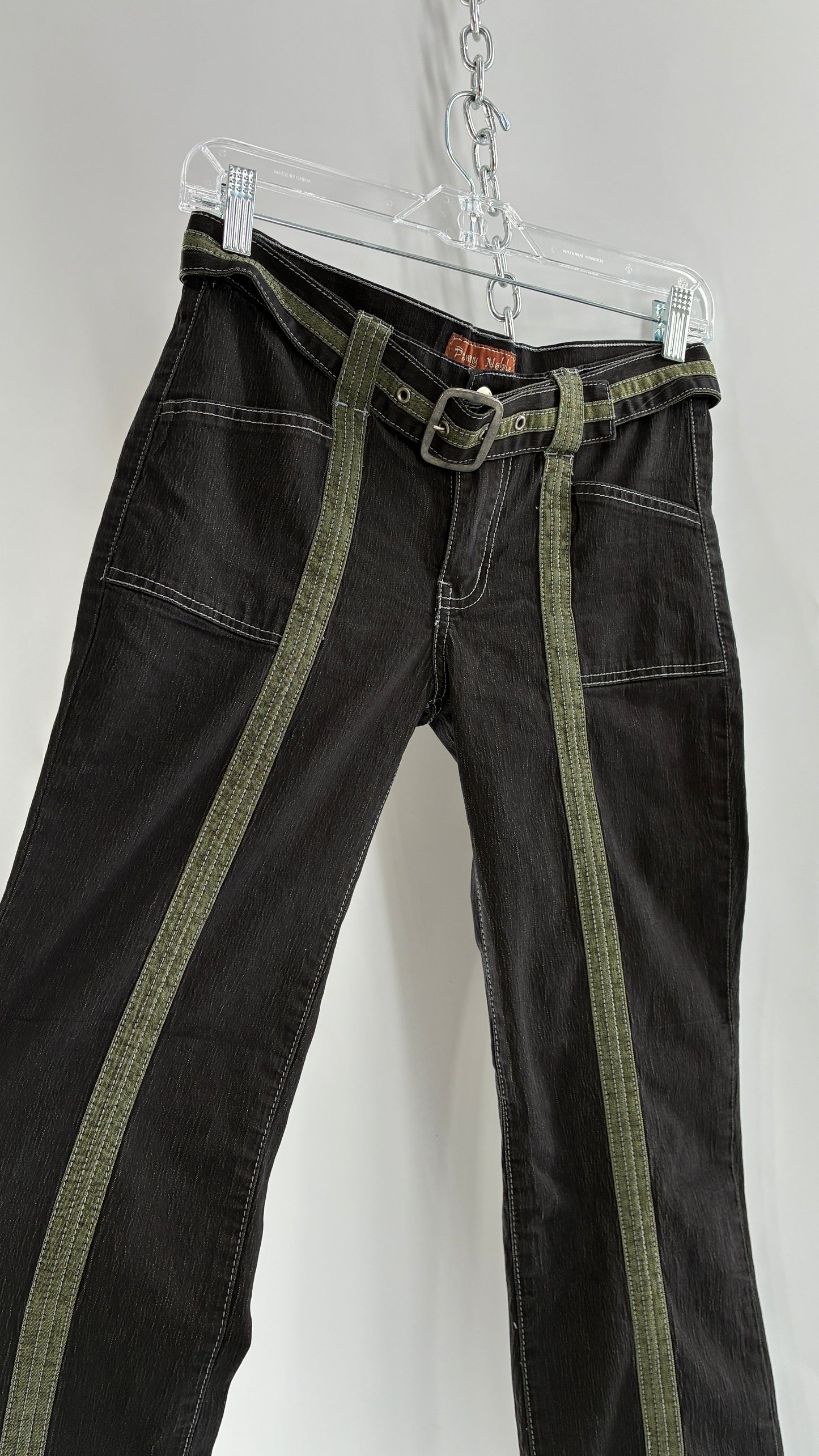 Vintage PALMY NOBLE Dark Wash Low Rise Denim with Green Details and Built in Belt (7/8)