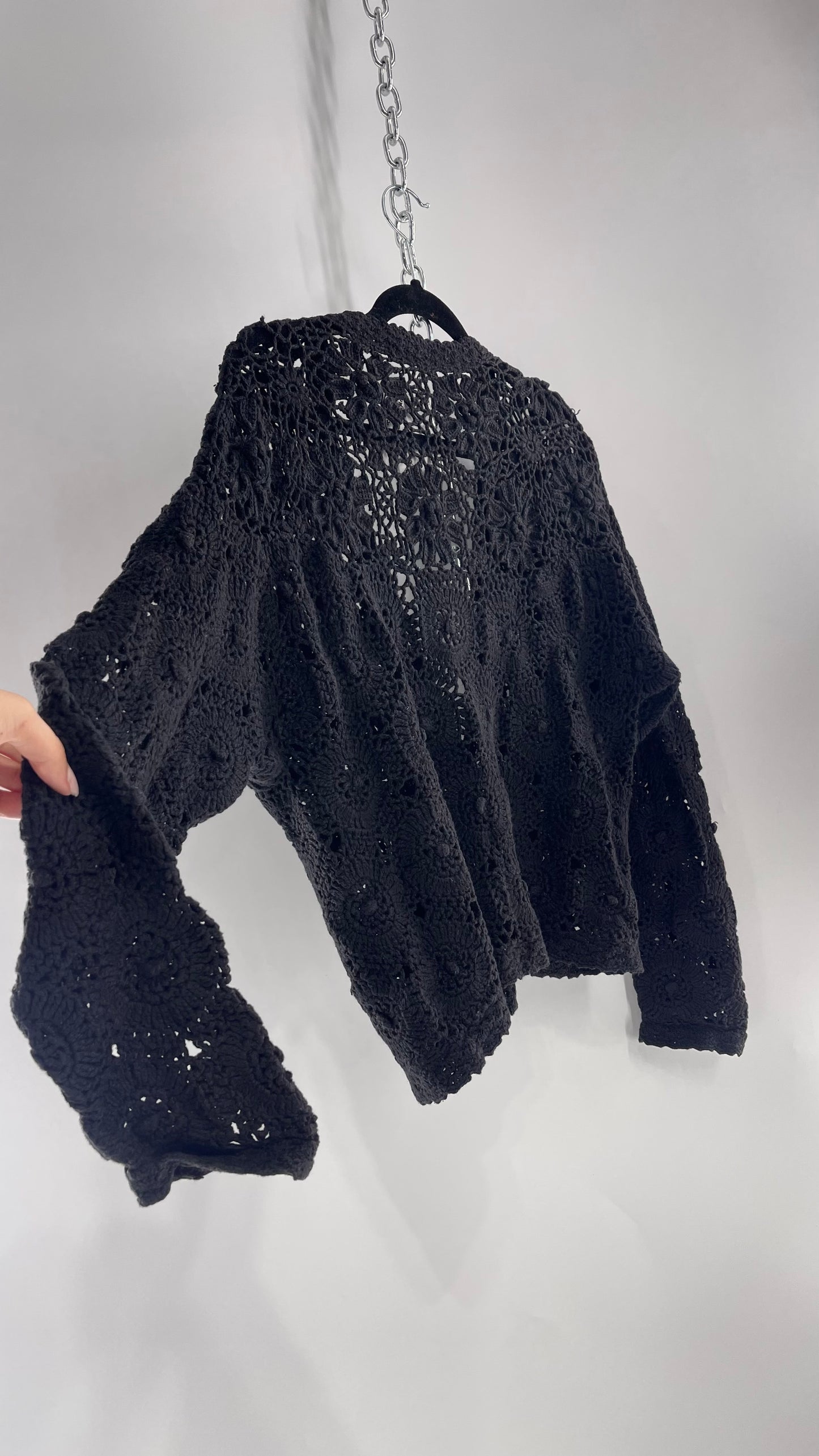 Vintage Black Handmade Crochet Cardigan (Medium)