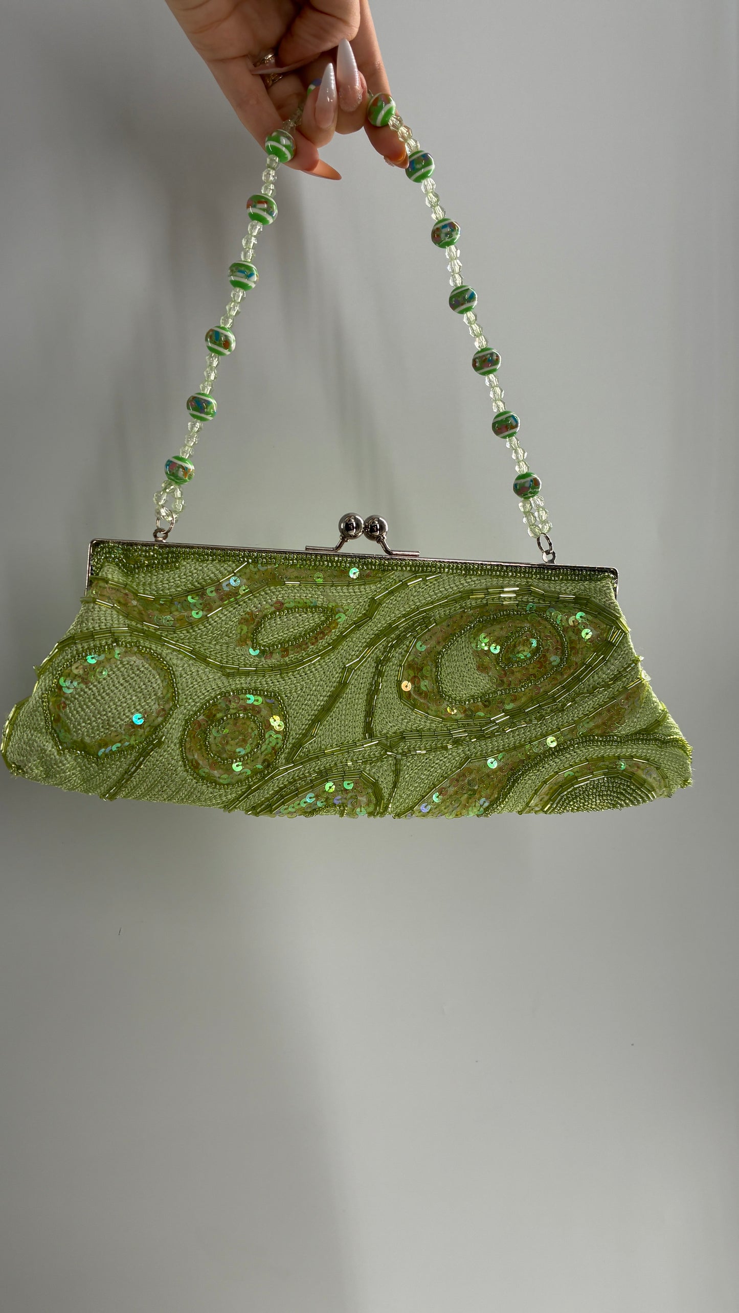 Vintage 1990s Light Green Knit Shoulder Purse with Sequins and Beaded Details