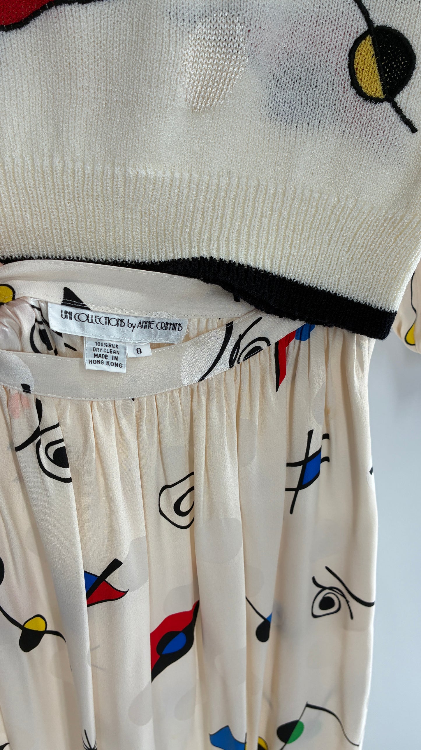 Vintage 1980s UMI collections by Anne Crimmins Off White 2 Piece Set with Abstract Embroidered Designs and 100% Silk Polka Dot Print Skirt (Medium Sweater, 8 Skirt)