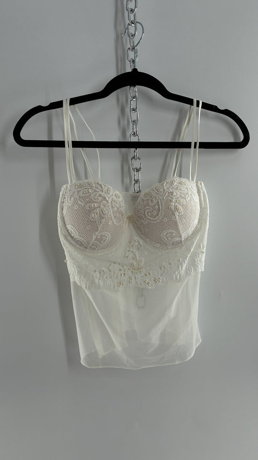 Vintage LA FRESCA White Lace Bustier Babydoll with Mesh Bodice and Beaded Cups/Band (Large)