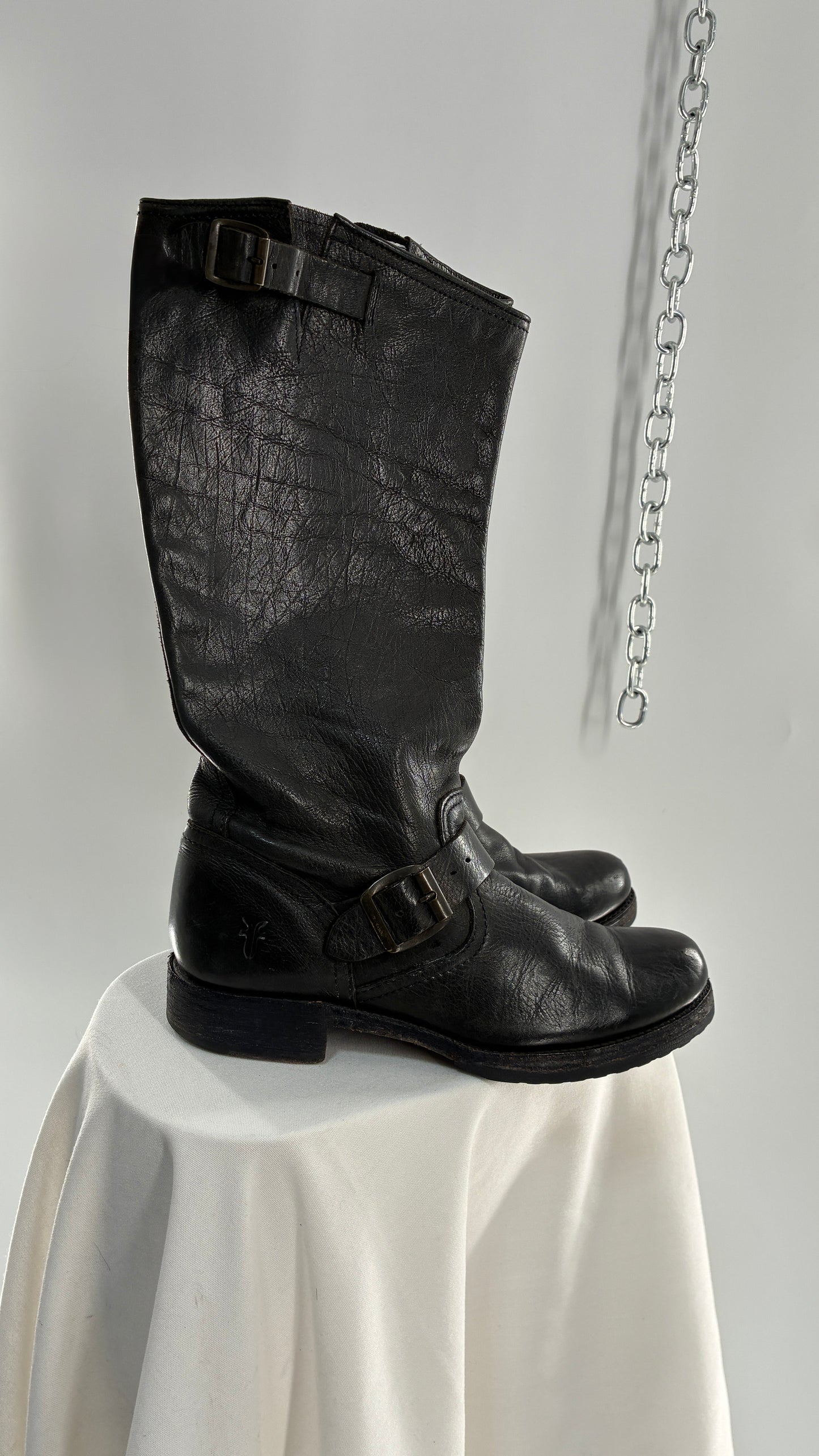 Vintage FRYE Veronica Tumble Shiny Black Leather Slouch Boot (8)