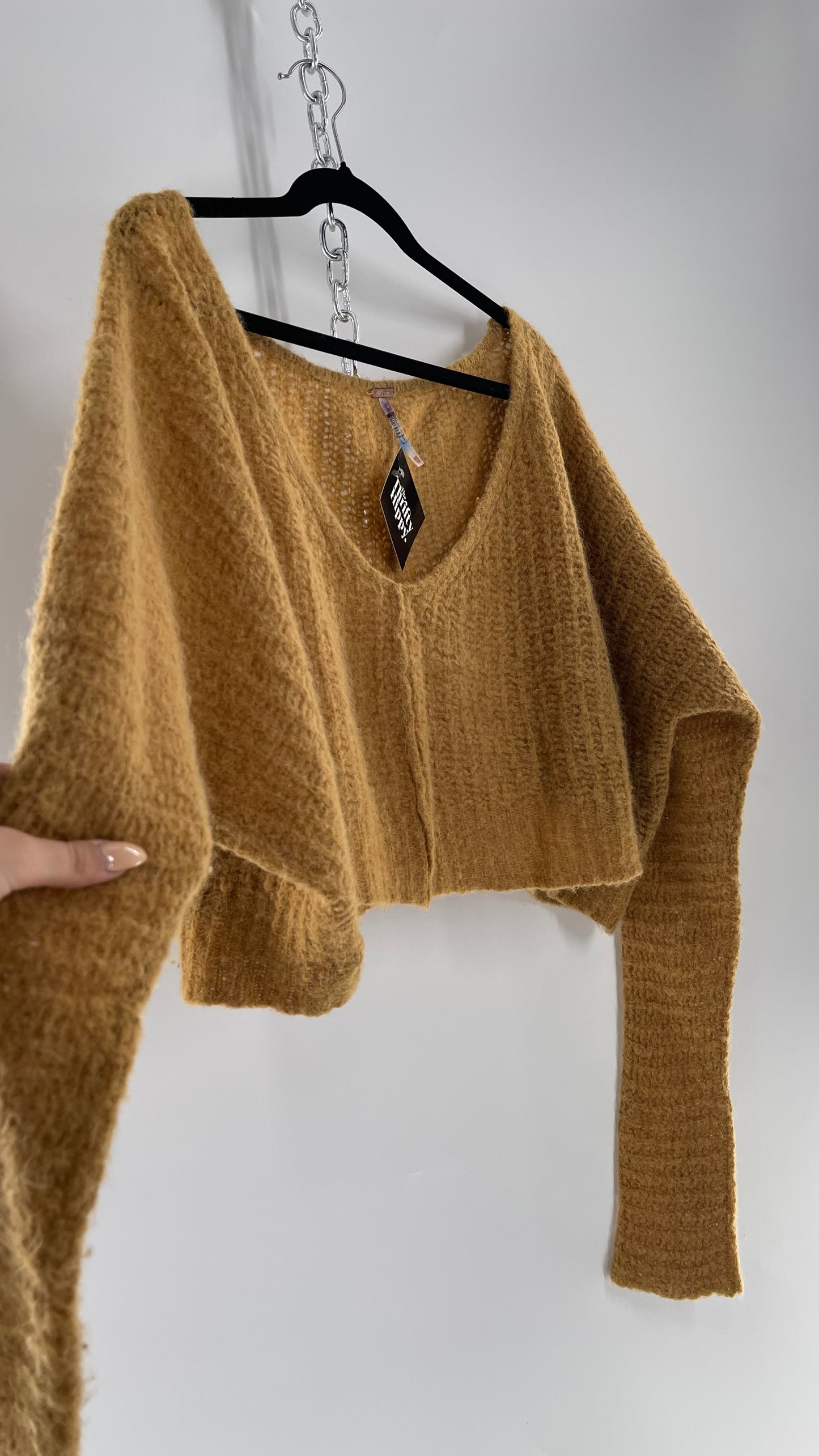 Free People Mustard Knit Cropped Sweater (XS) 88% Alpaca Fur