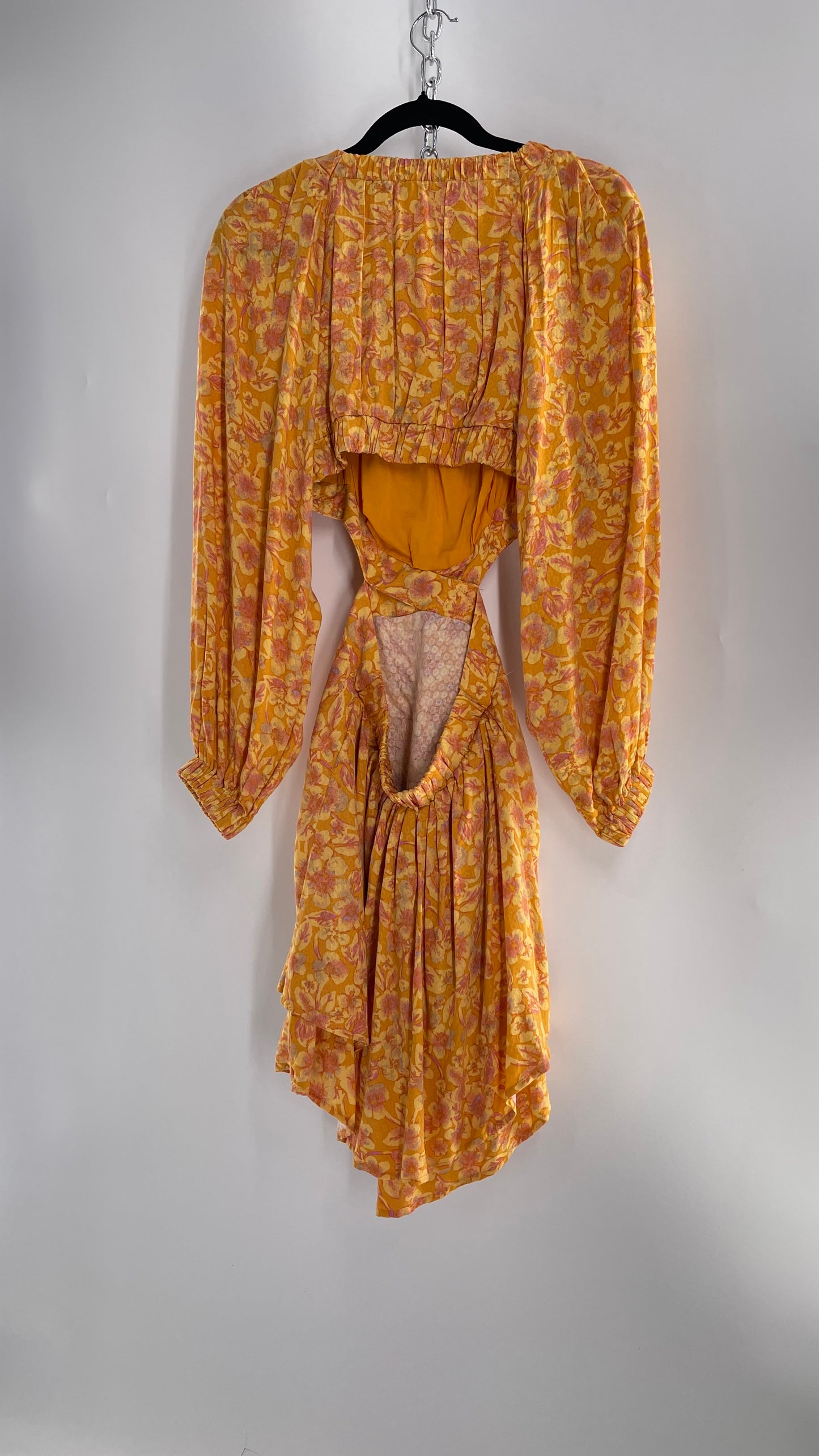 Free People Yellow Cut Out Golden Florals Dress with Ruched Bust and Balloon Sleeves (XS)