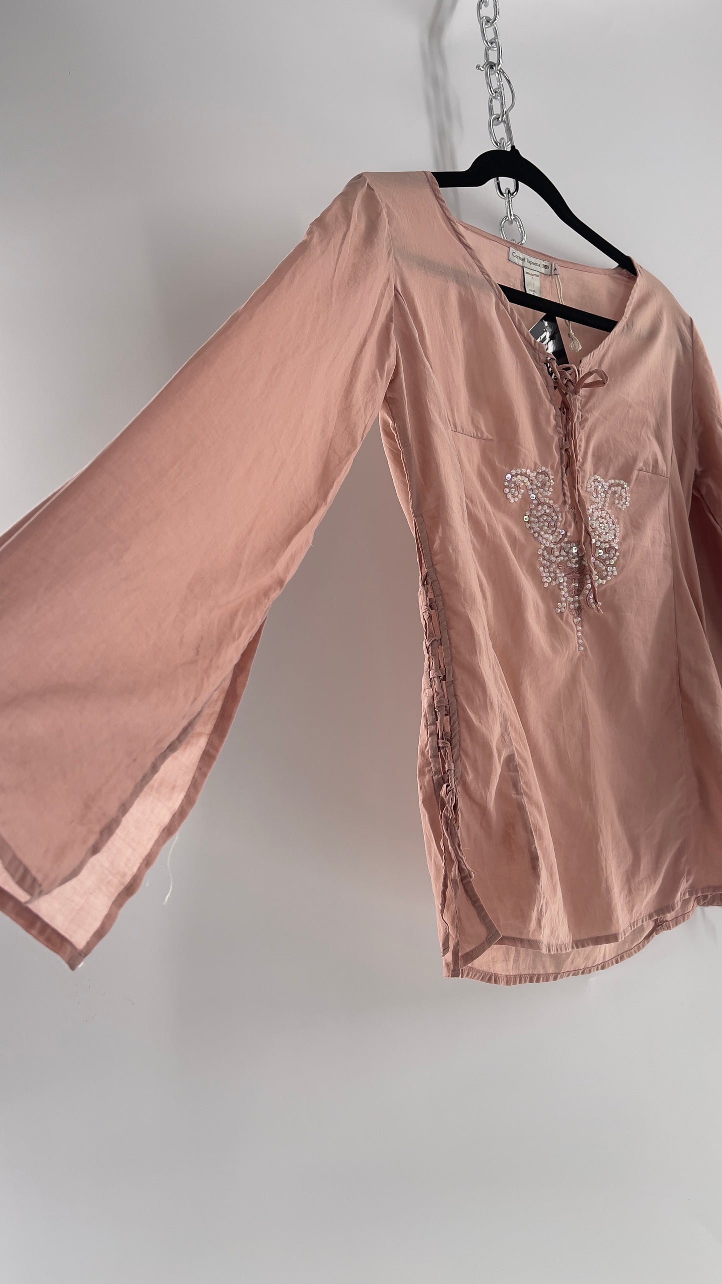 Vintage Coronel Tapioca Dusty Pink Tunic with Beaded Designs and Lace Up Sides (Medium)