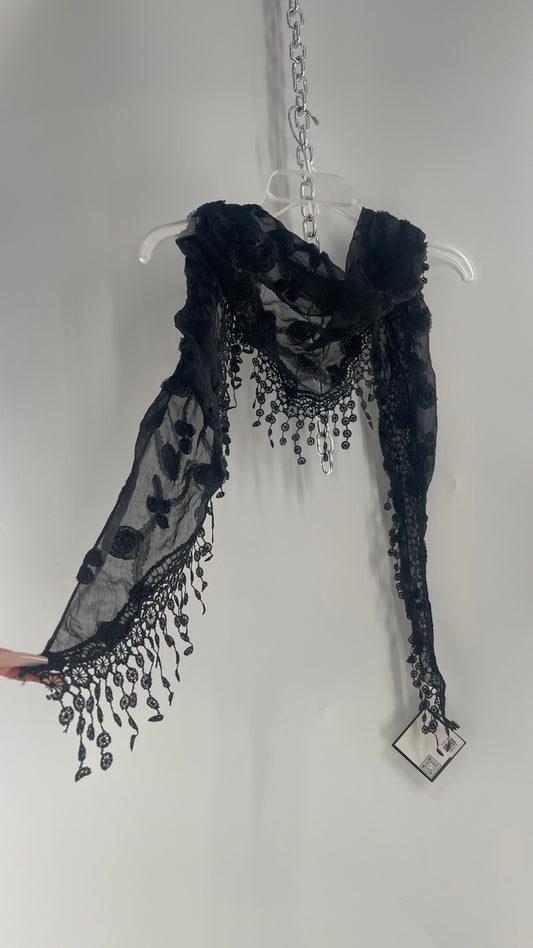 Vintage Black Scarf Covered in Tulle Rosettes and Lace Trim