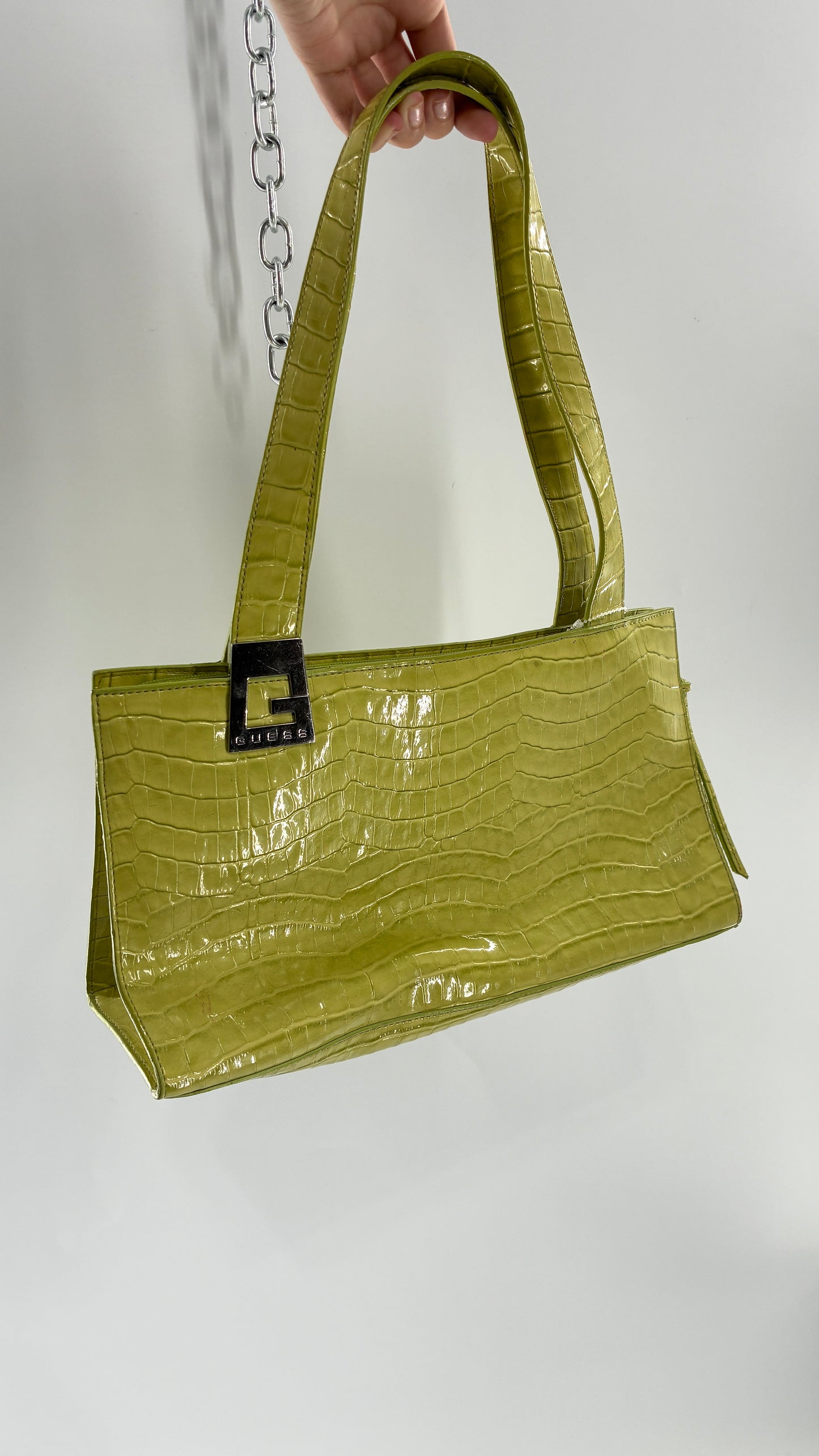 Vintage 1990s GUESS Lime Green Shoulder Purse with Metal Logo Buckle