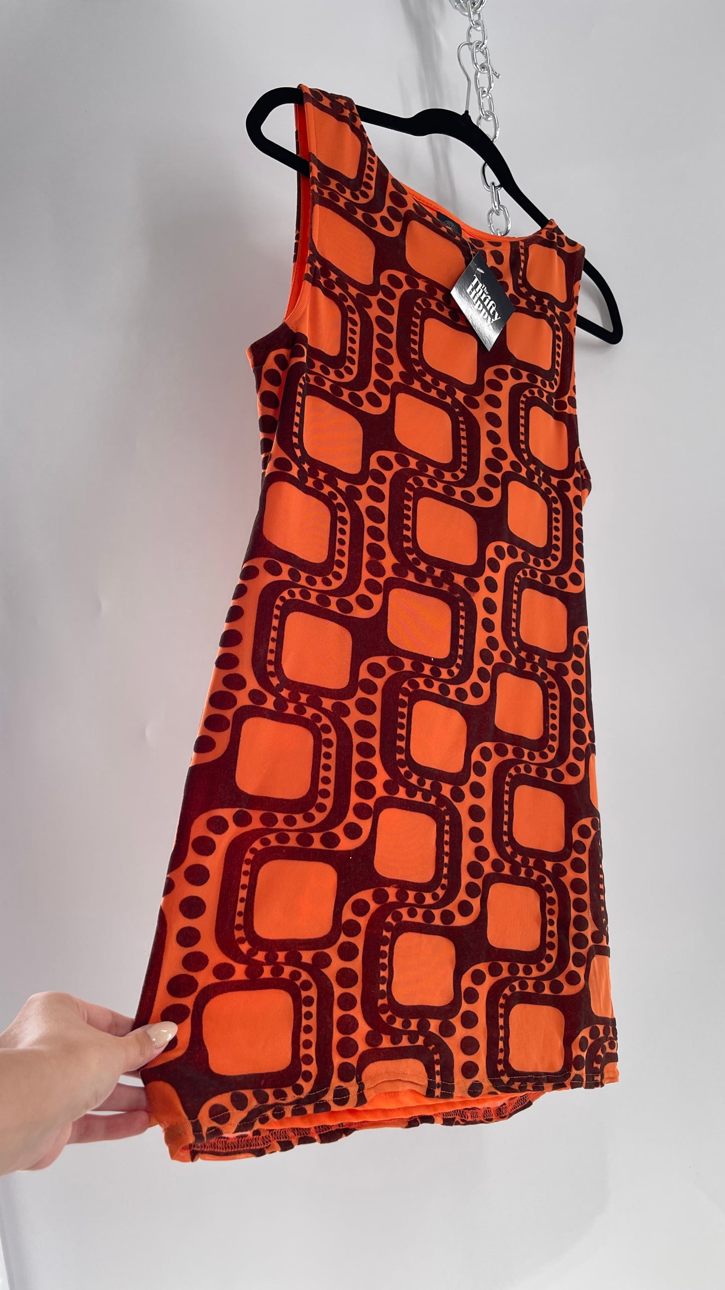 Urban Outfitters Orange Retro Patterned Tunic Dress with Brown Velvet 1970s Print  (Large)