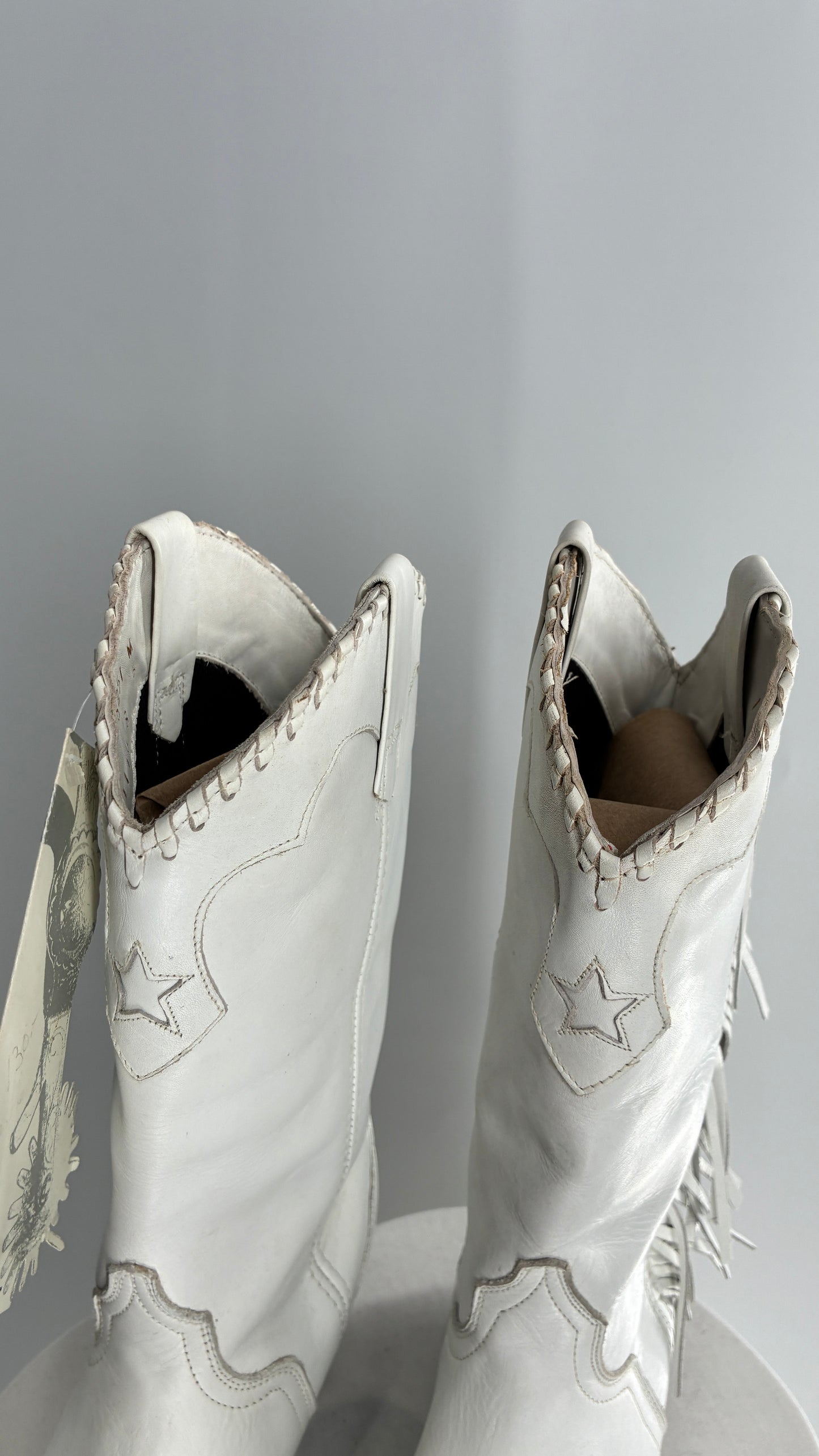 Deadstock Vintage ACME White Cowboy Boots with Braided Cuff, Fringe Sides(6)