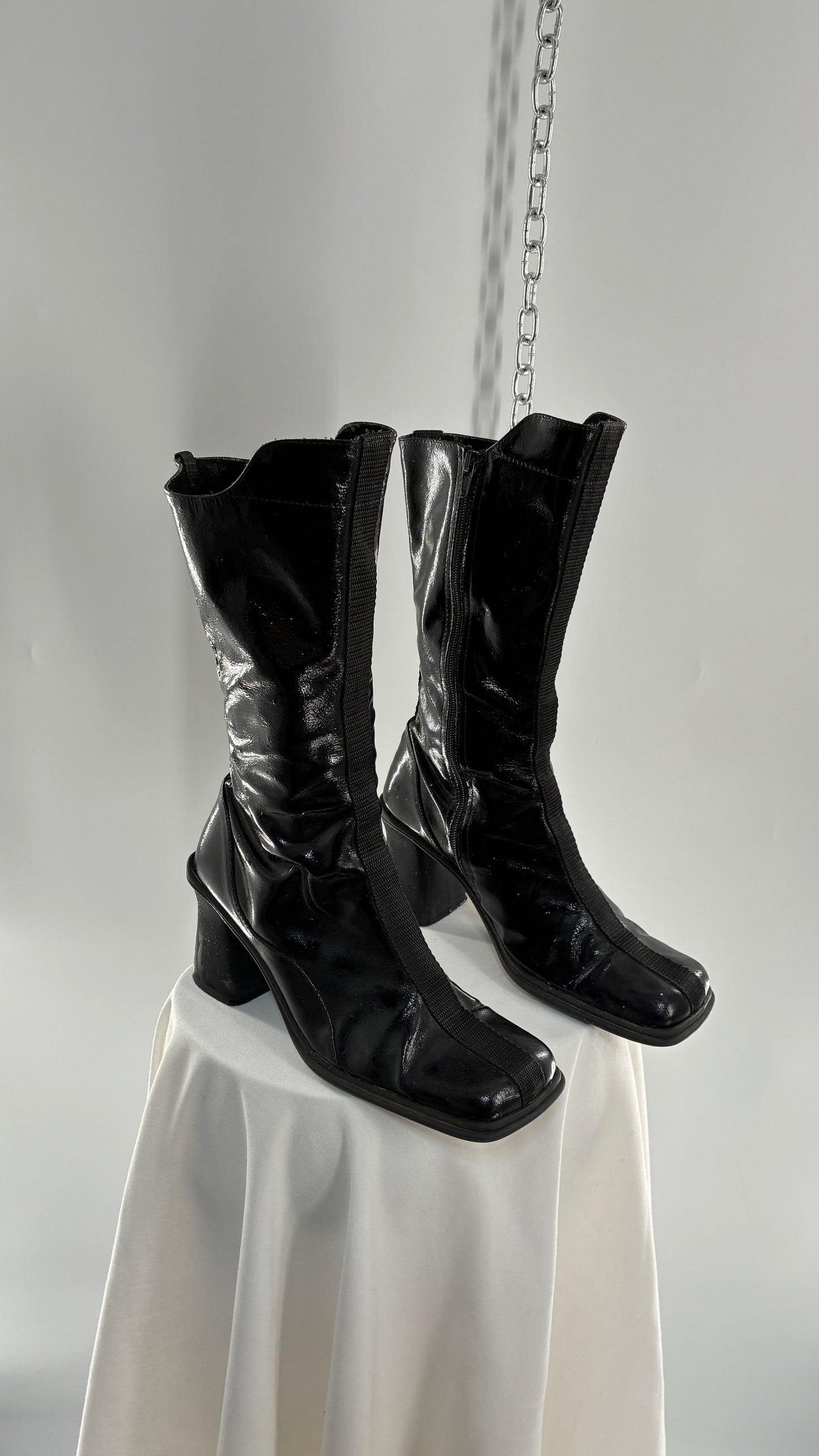 Vintage Black Patent Vinyl Boots with Square Toe and Block Heel with High, Low Calf (40)