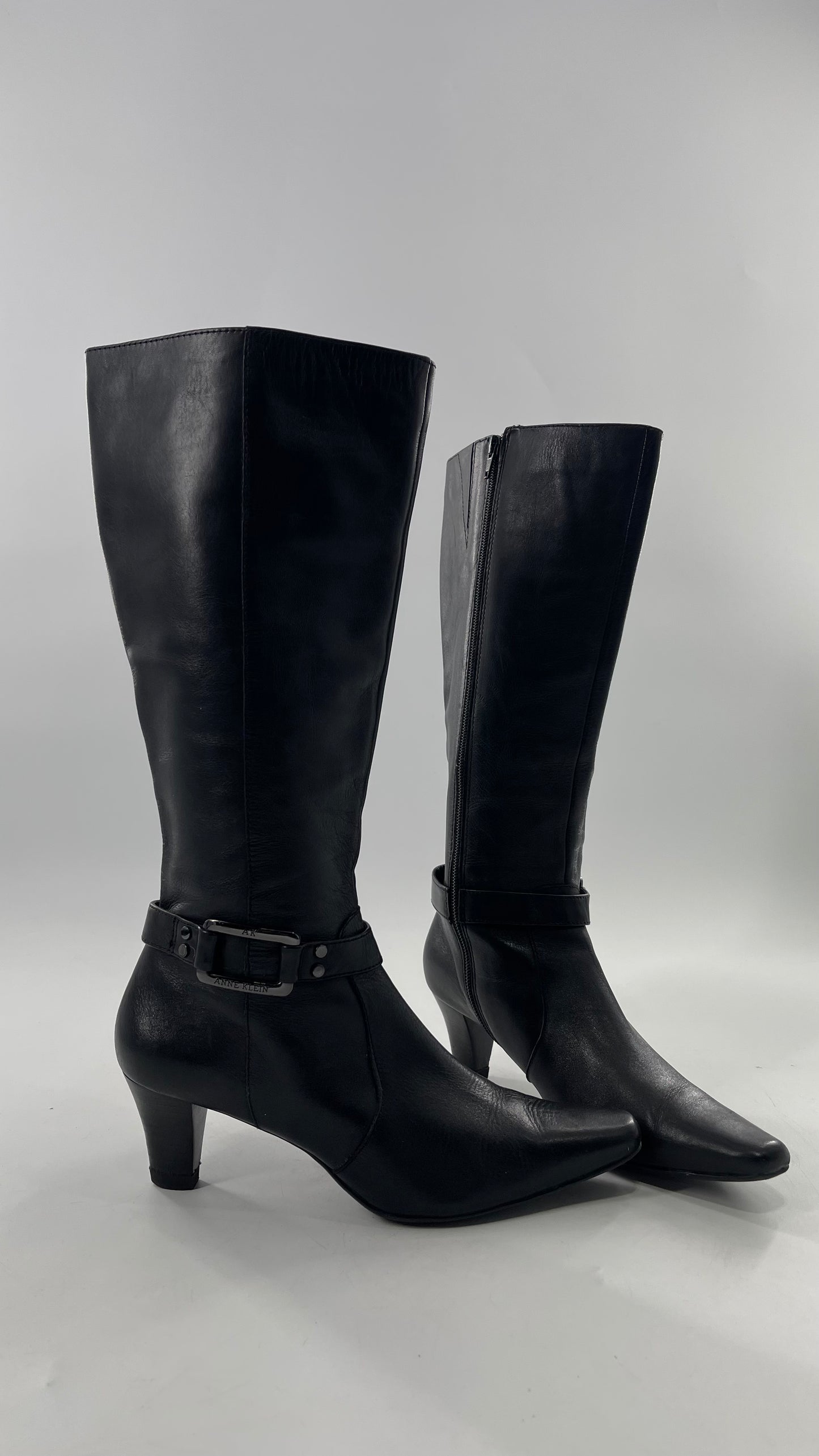 Vintage Black Anne Klein Leather Knee High Boots with Pointed Toe and Ankle Metal Buckle Detail (8)
