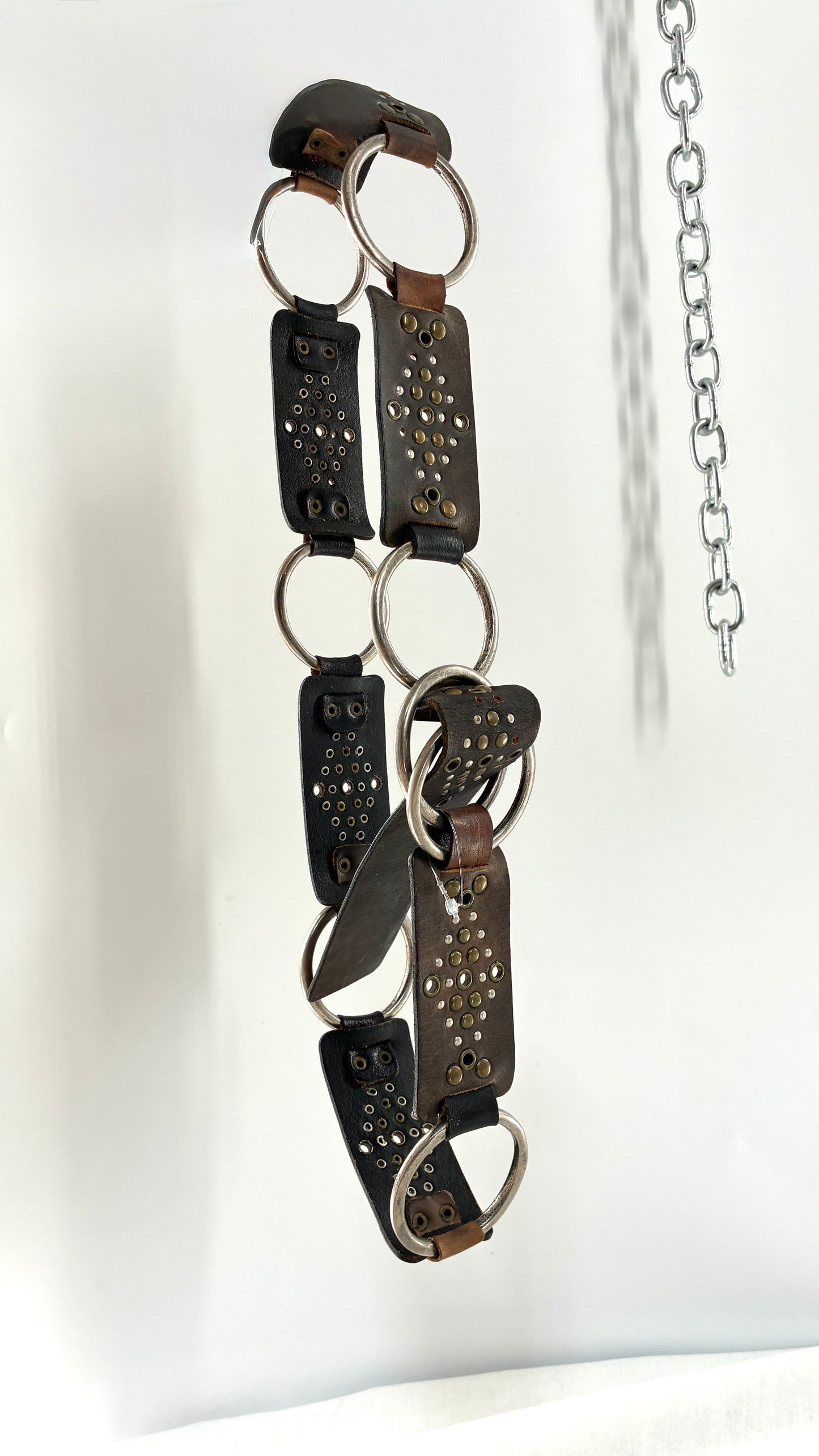 Vintage Studded Leather and Interconnected Metal Ring Belt
