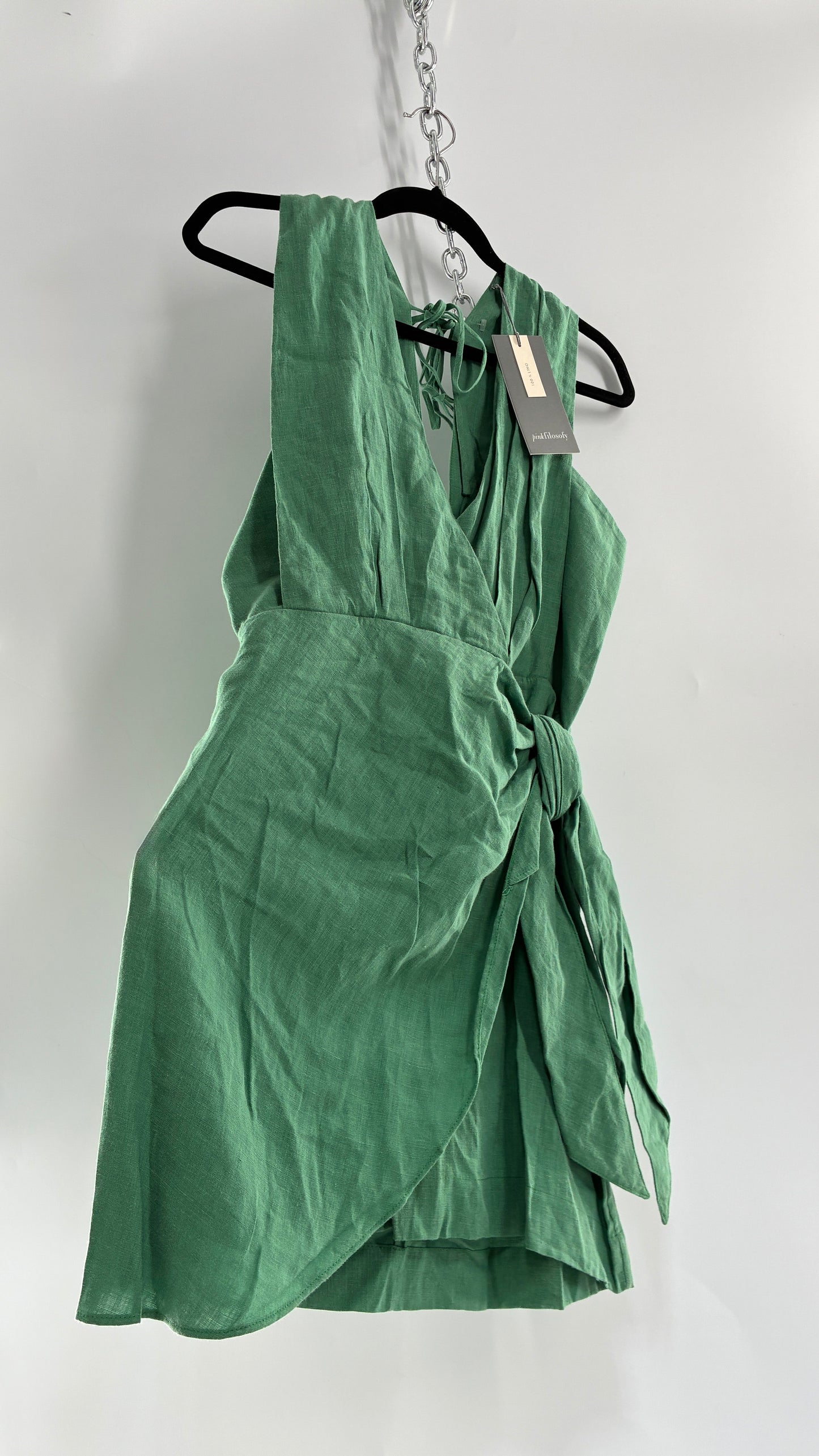 Pink Filosofy Masaru 100% Lino/Linen Green Tie Side Dress (Small)