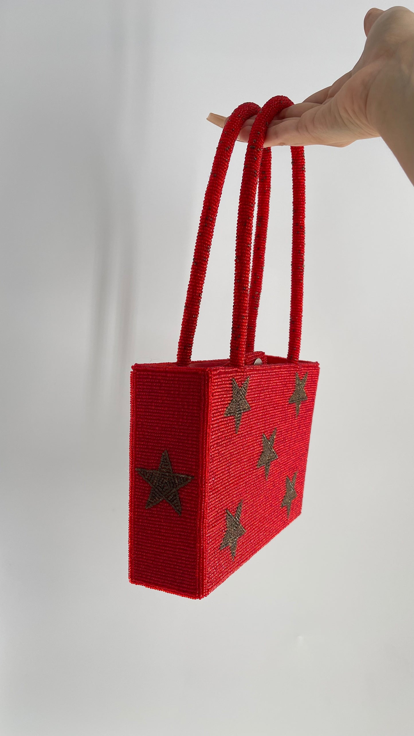 Vintage Lynne Jerome Red Beaded Box Bag with Gold Stars