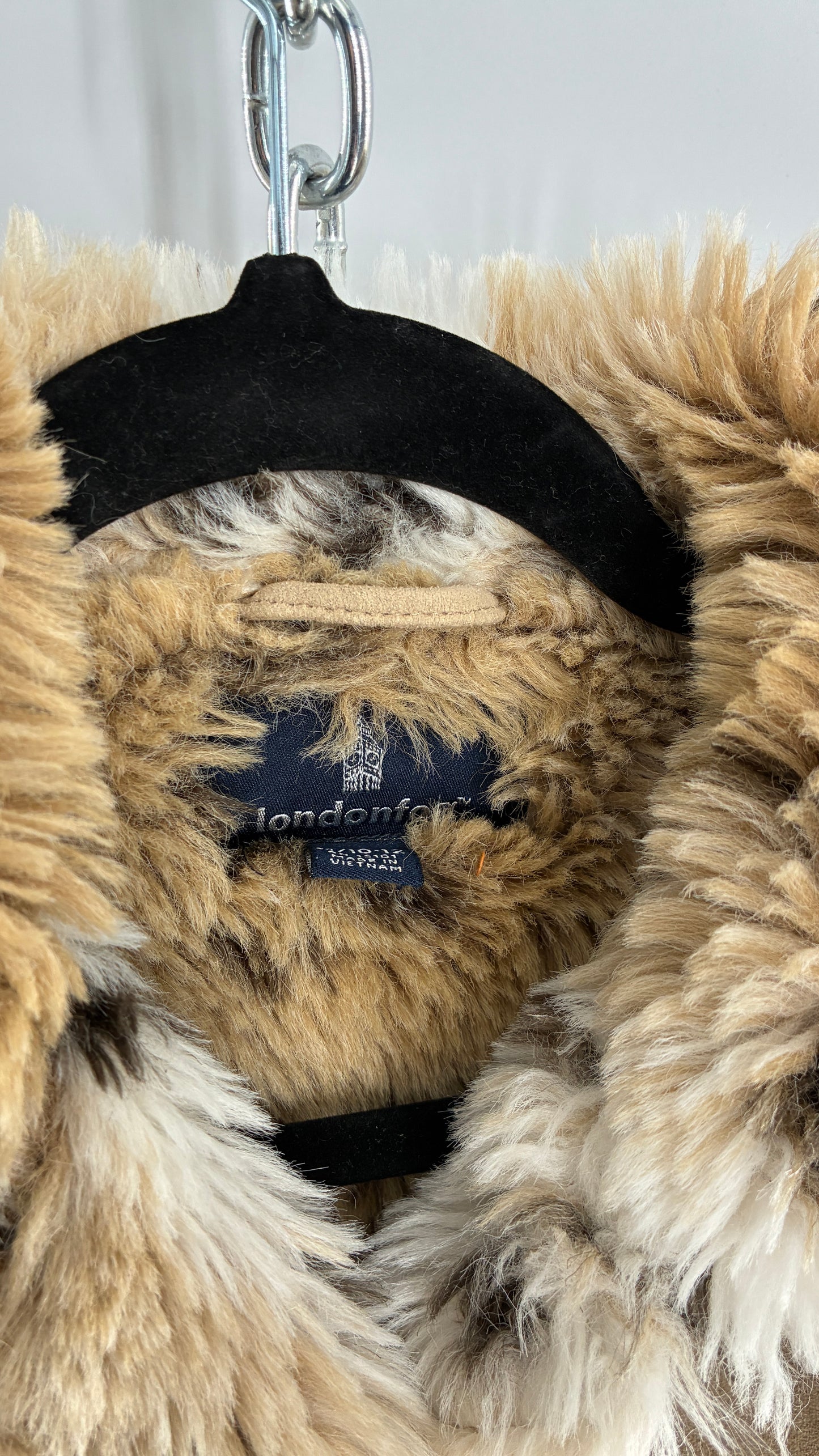 LONDON FOG (10/12) Vegan Suede Coat with Leopard Patterned Piping, Trim and Collar