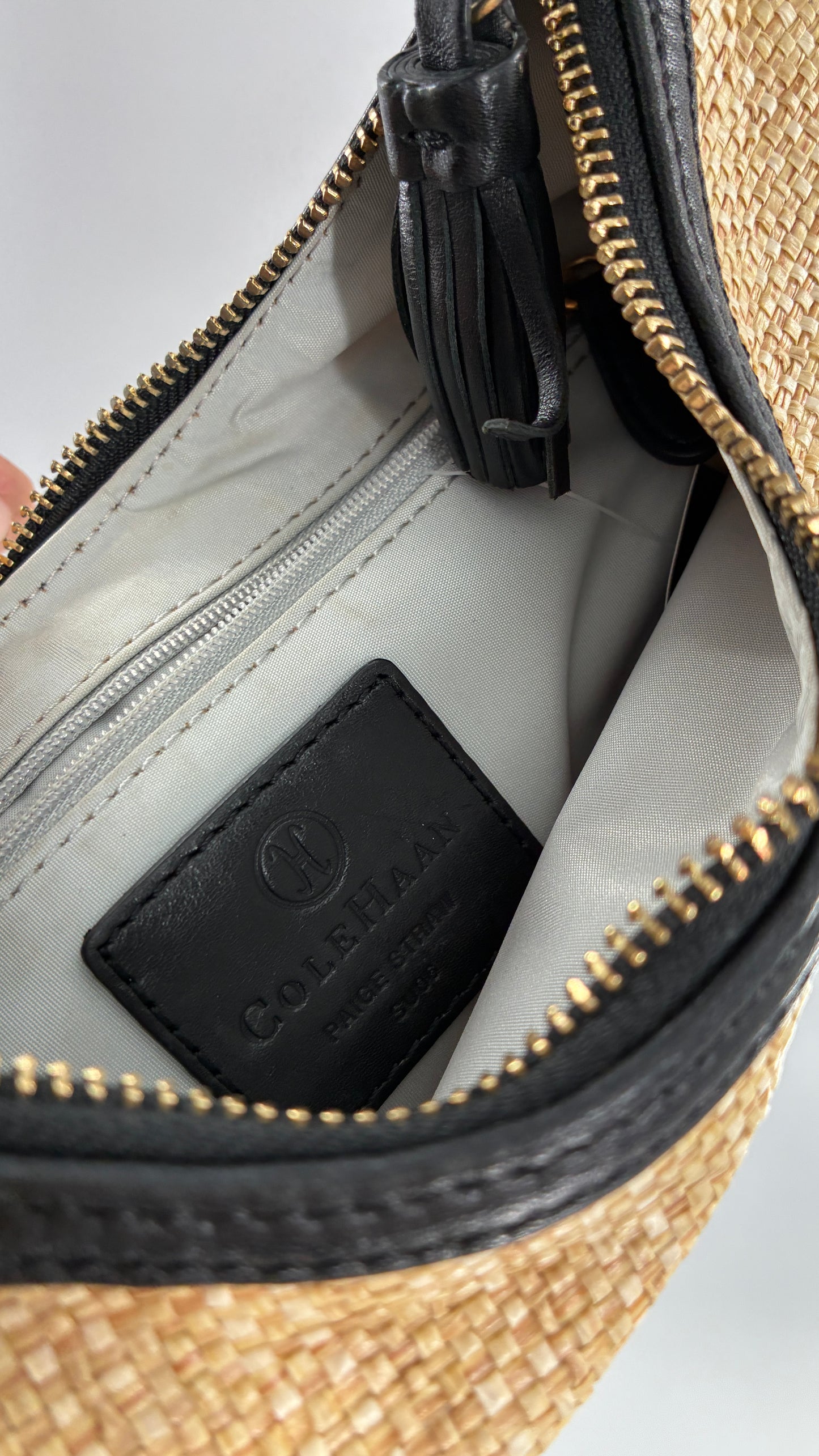 Vintage COLE HAAN Straw Shoulder Purse with Black Leather, Gold Studded Trim
