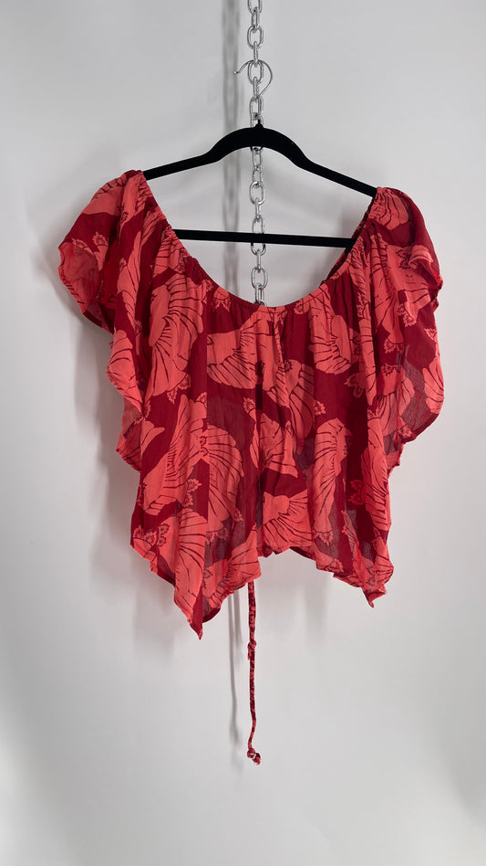 Free People Red Floral Drape Over Bandeau with Tie Up Back (Medium)