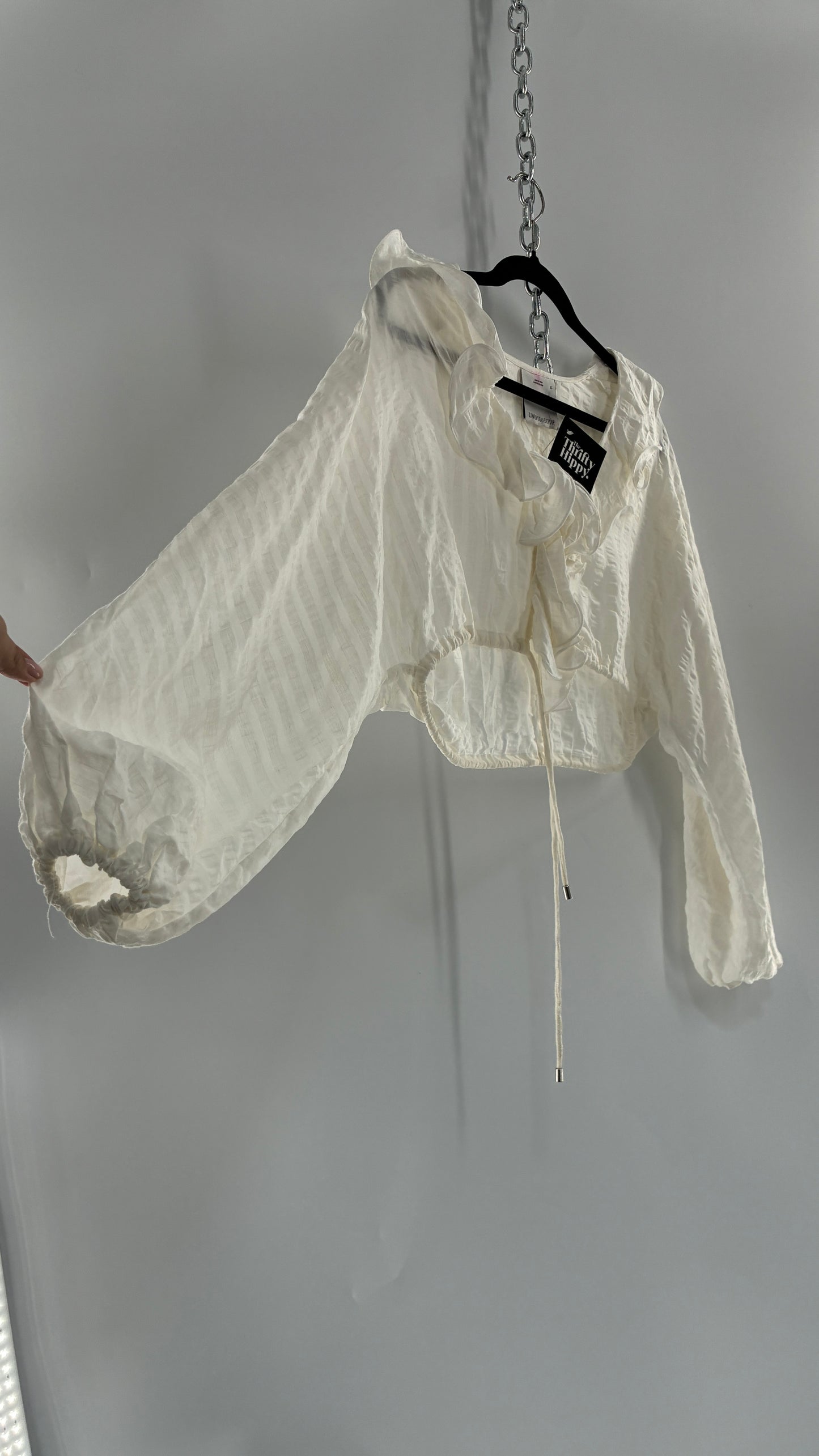 CMEO Collective White Balloon Sleeve Blouse with Ruffled, Button Up Neckline and Adjustable Drawstring Waist (XS 0-2)