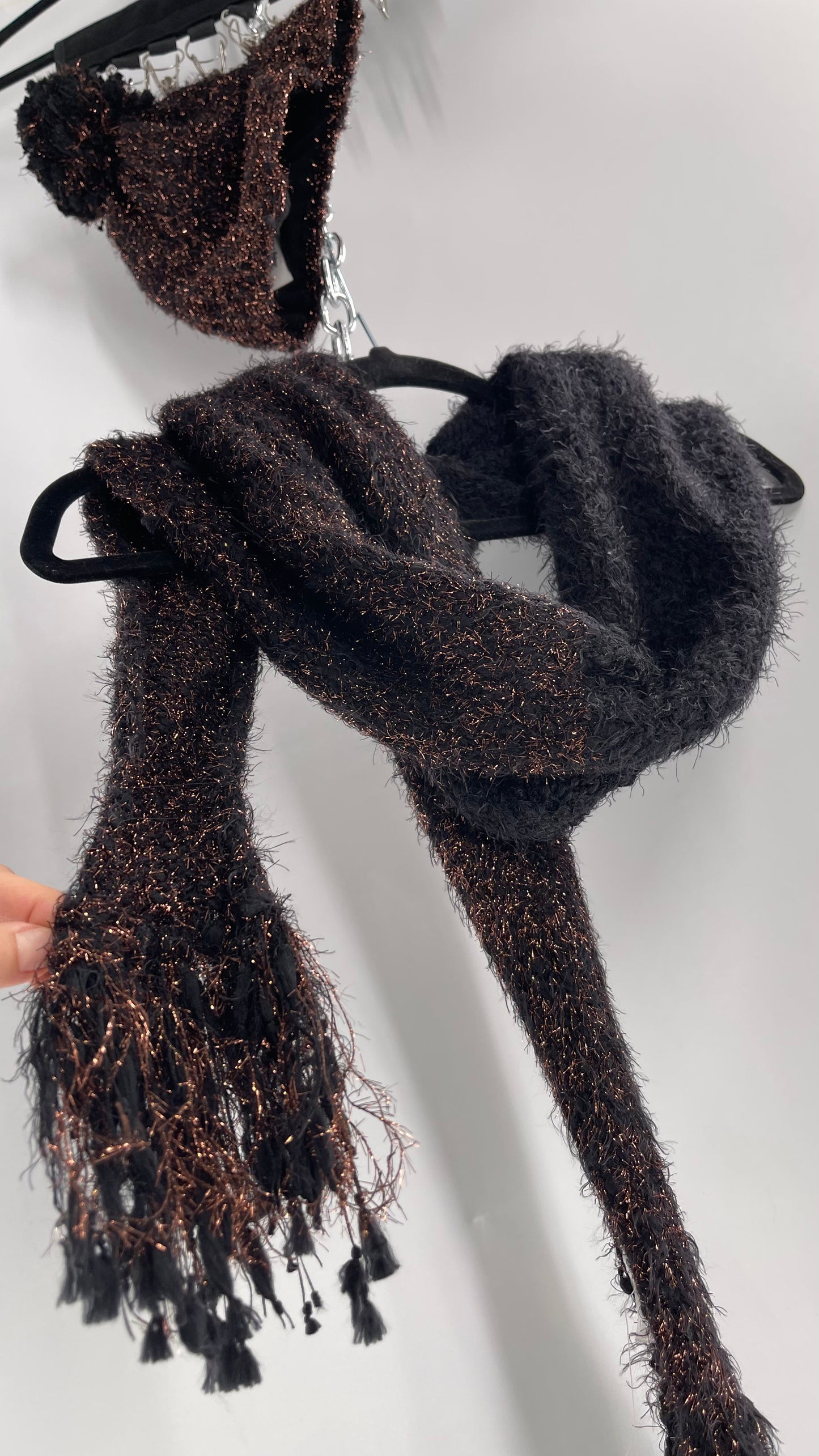 Anthropologie Bronze Tinsel Black Knit Beanie and Skinny Pom Scarf 2pc Set with Tags Attached