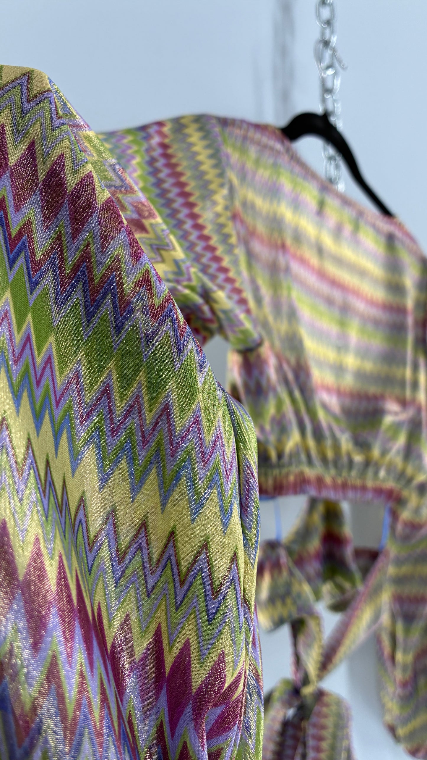 Urban Outfitters Green Open Side Tie Around, Balloon Sleeve Sparkle Top (Small)