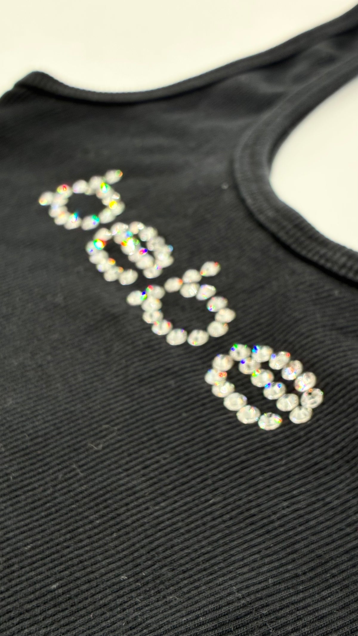Vintage BEBE Black Ribbed Tank Top with Rhinestone Logo (XS)