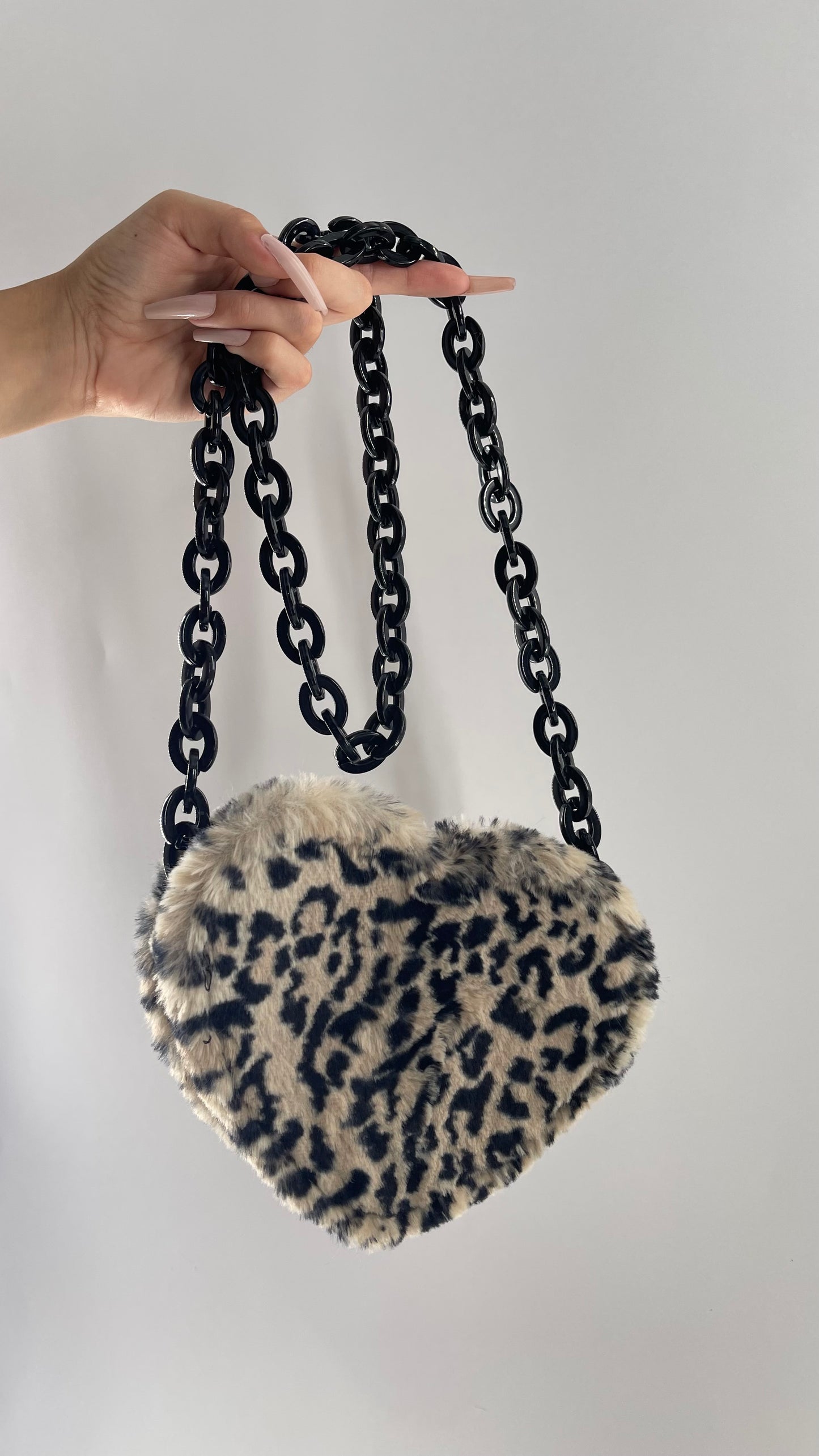 Cheetah Faux Fur Heart Shaped Bag with Black Chain Strap