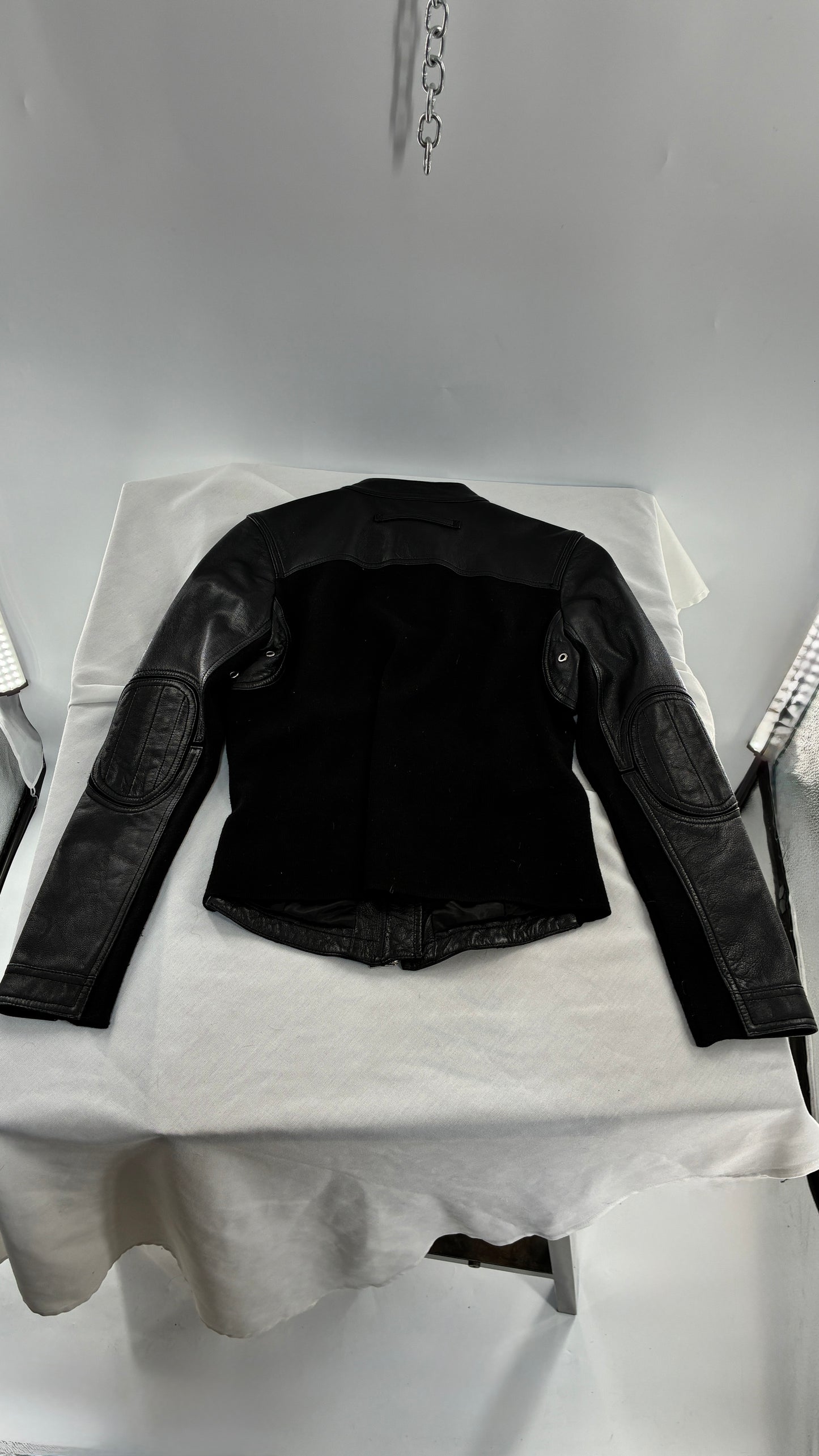 Vintage INC Black Genuine Leather and Wool Blend Paneled Patch Motorcycle Jacket (Medium)