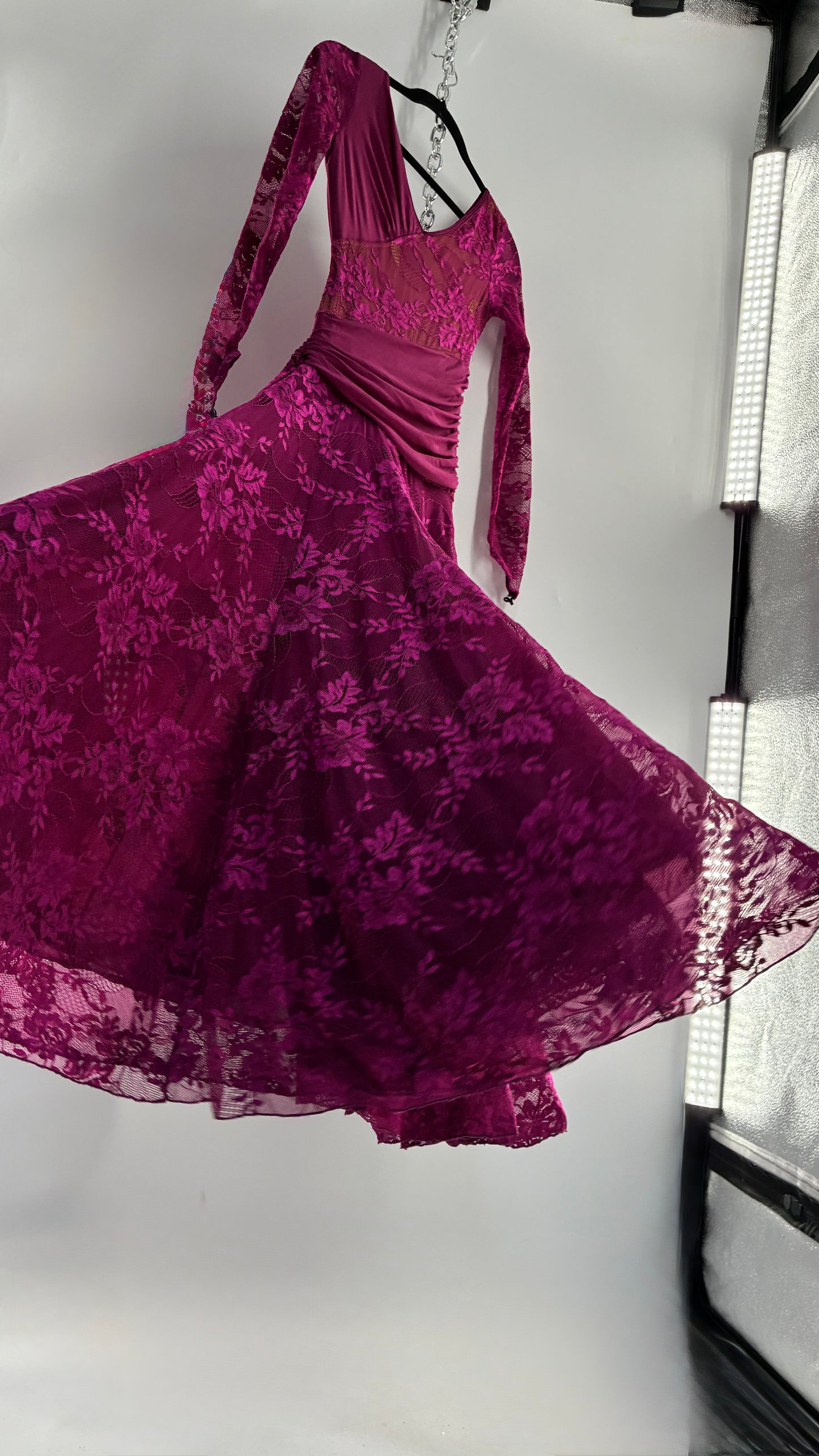 Vintage Fuchsia Flamenco, Lace and Mesh Paneled Gown with Gloved Hand Detail (Small)