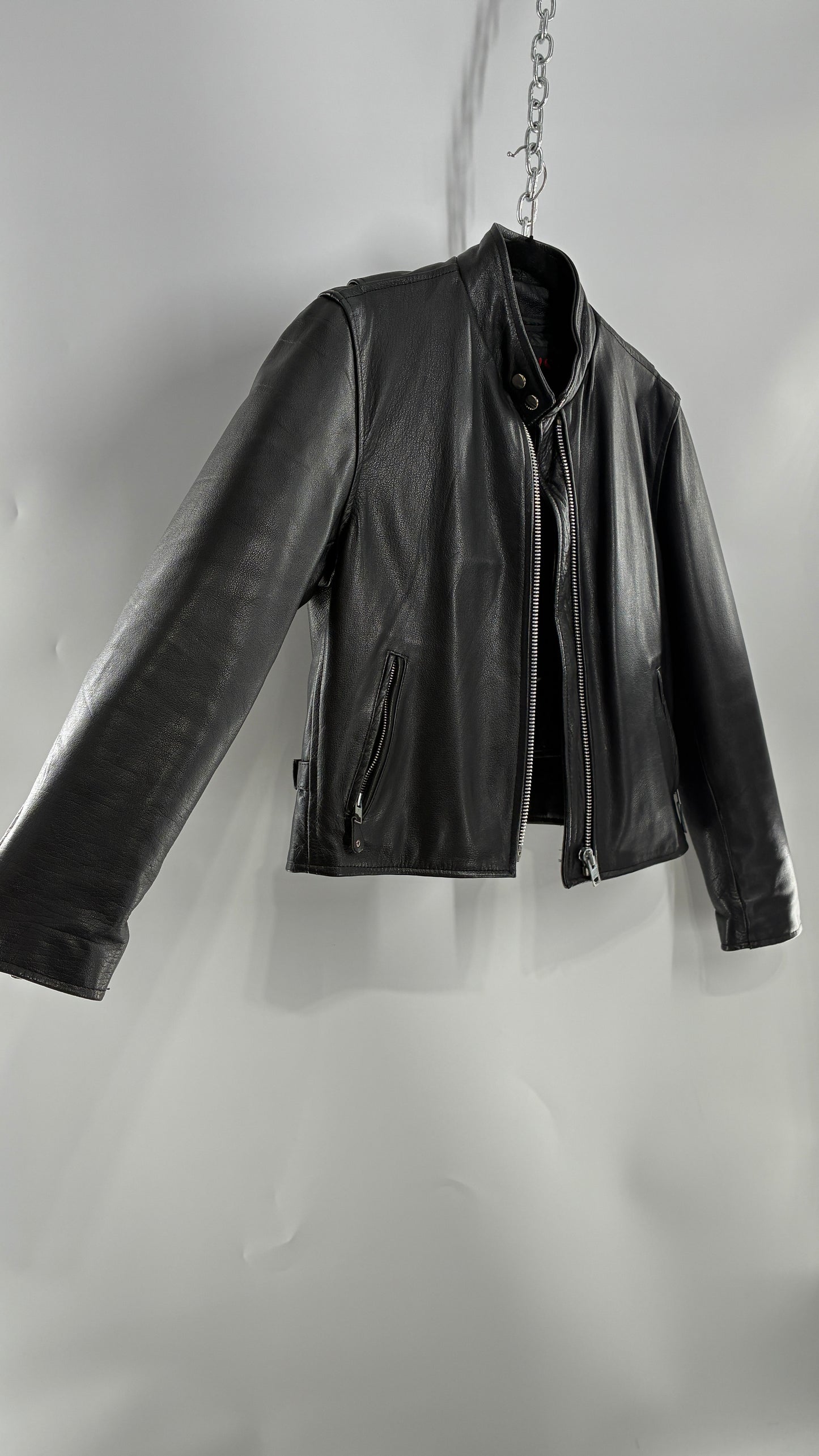 Vintage DOC’s Black Thick Leather Jacket with Removable Quilted Lining, Zippered Sides and Heavy Metal Details (Medium)