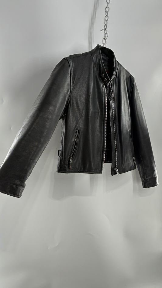 Vintage DOC’s Black Thick Leather Jacket with Removable Quilted Lining, Zippered Sides and Heavy Metal Details (Medium)