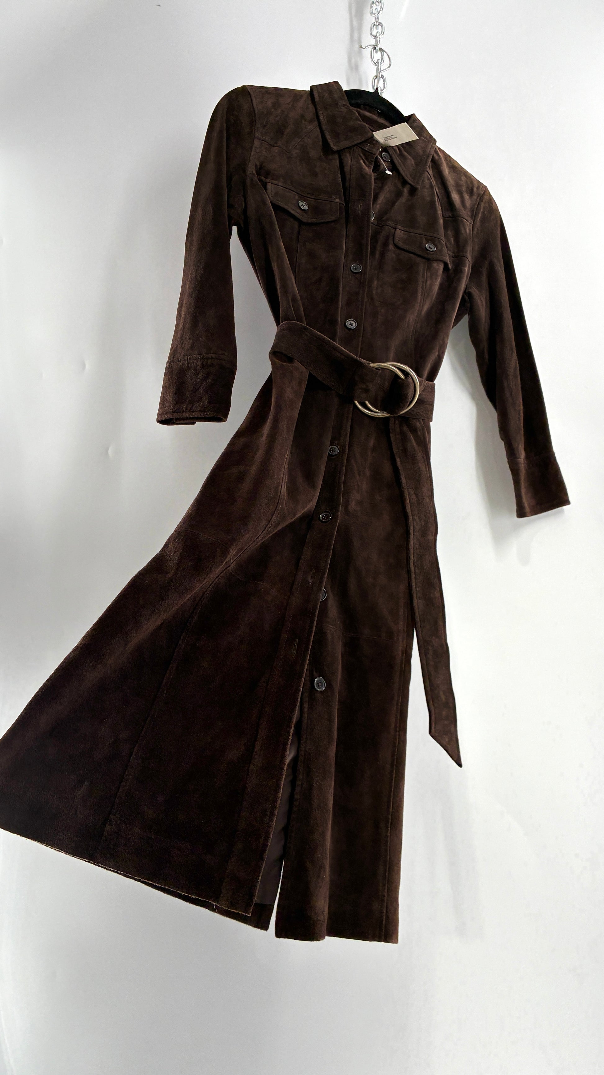 loft leather dress Vintage LOFT Brown Suede Leather Button Front, Belted Midi Dress with The Thrifty Hippy