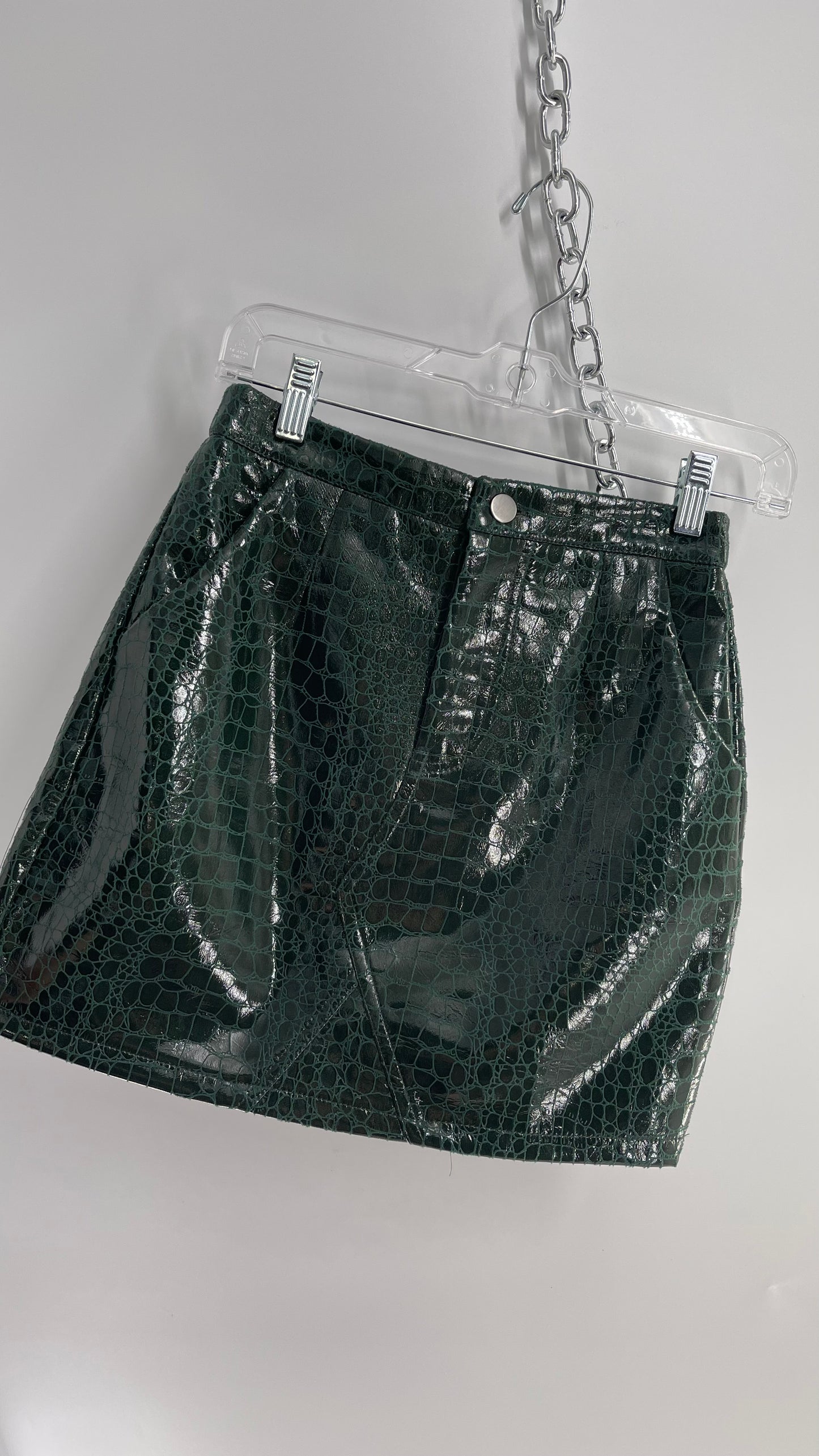 idem ditto Emerald Green Snake Embossed Vegan Patent Leather Mini Skirt with Tags Attached (Small)