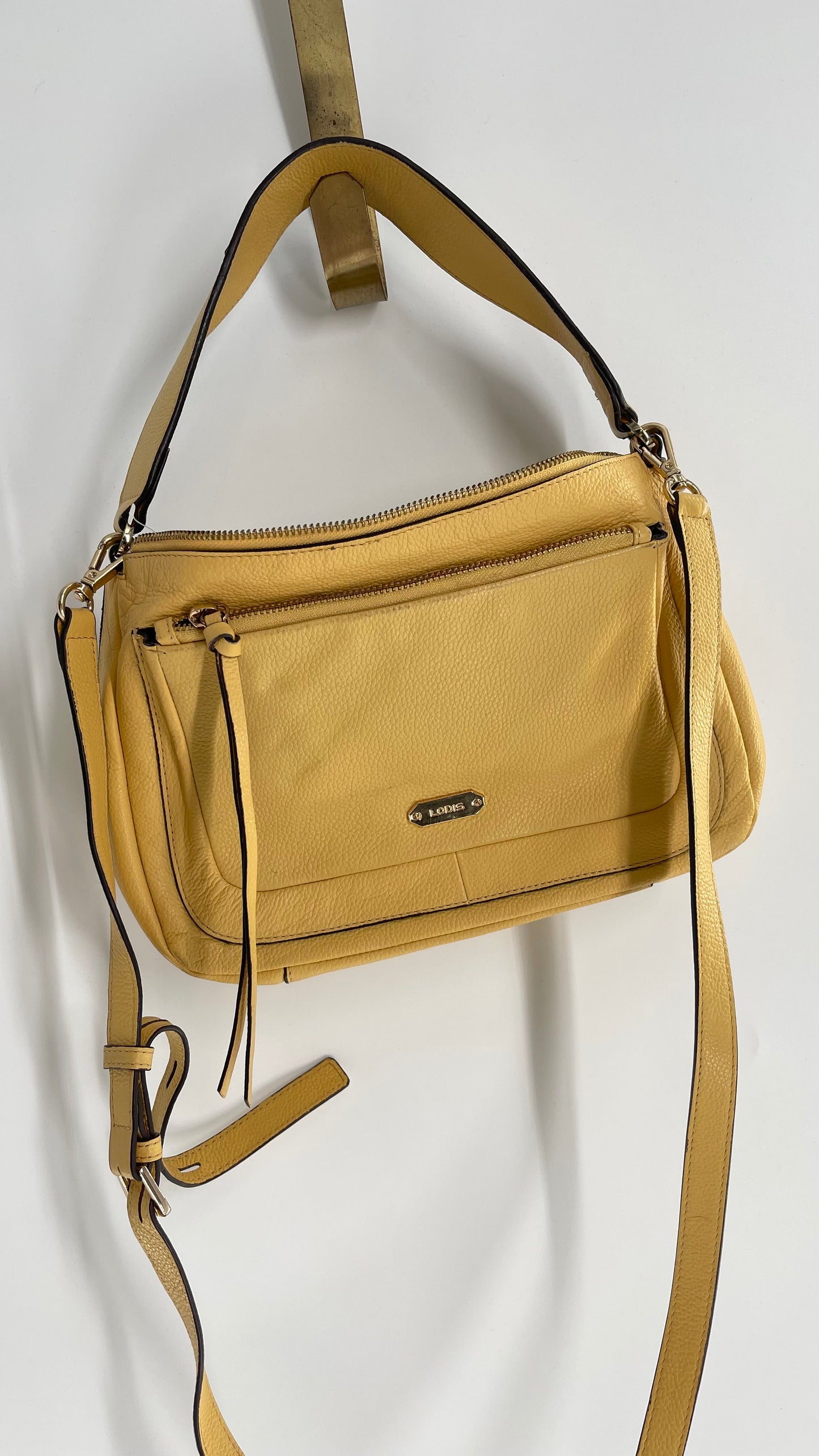 LODIS Payton E/W Yellow/Curry Leather Crossbody Purse with Logo Strap