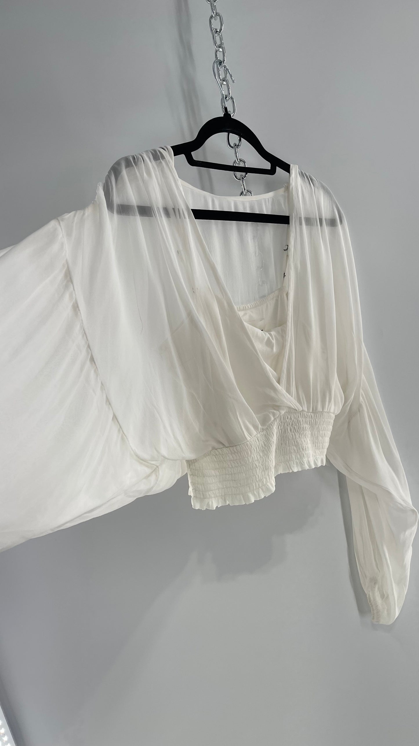 Anthropologie Sheer Balloon Sleeve Blouse with Smocked Waistline and Cropped Inner Tank with Rubber on Bust and Tags Attached (Medium)