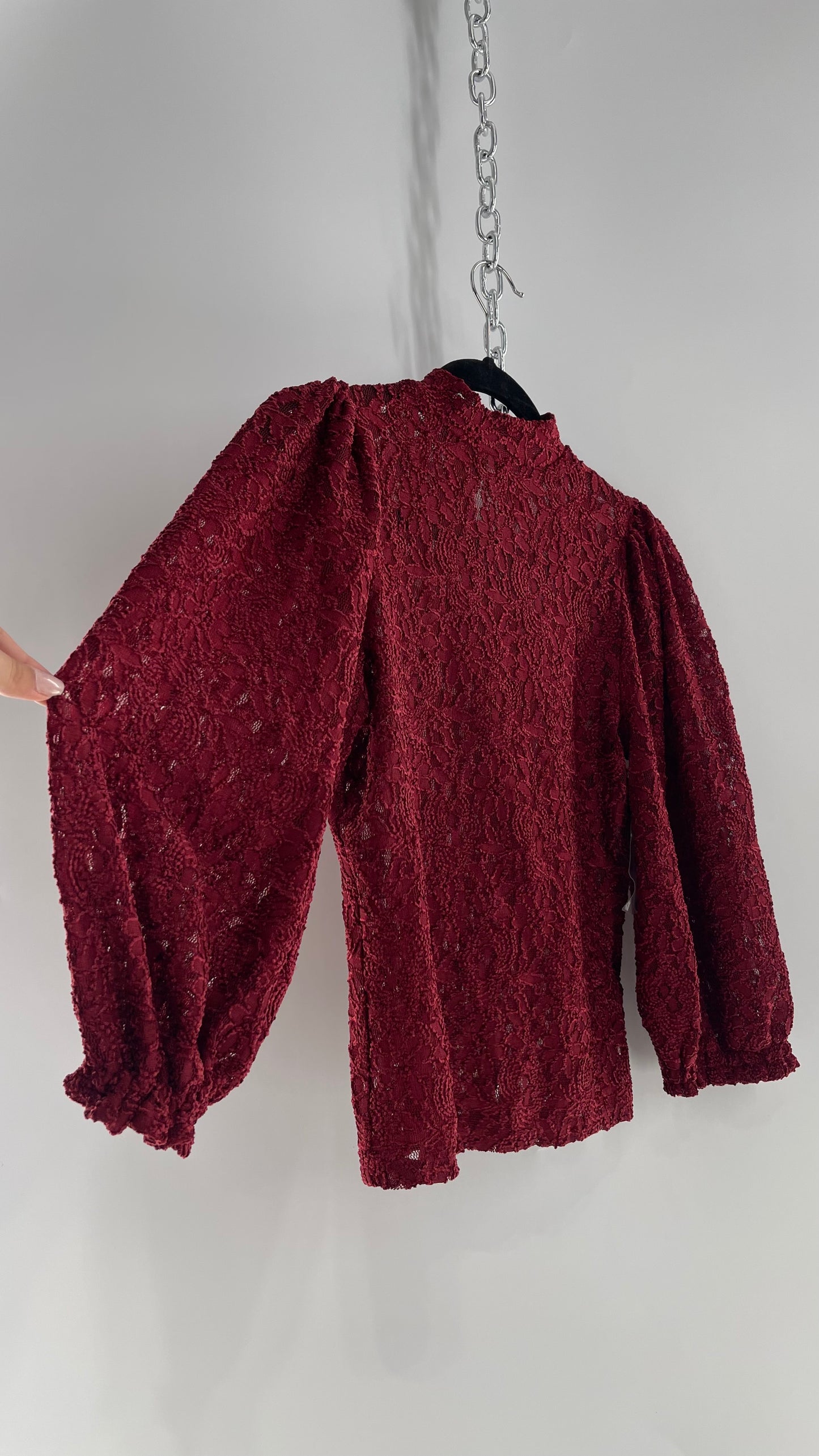 Free People Crimson Red Lace Bubble Sleeve Mock Neck Blouse (XS)