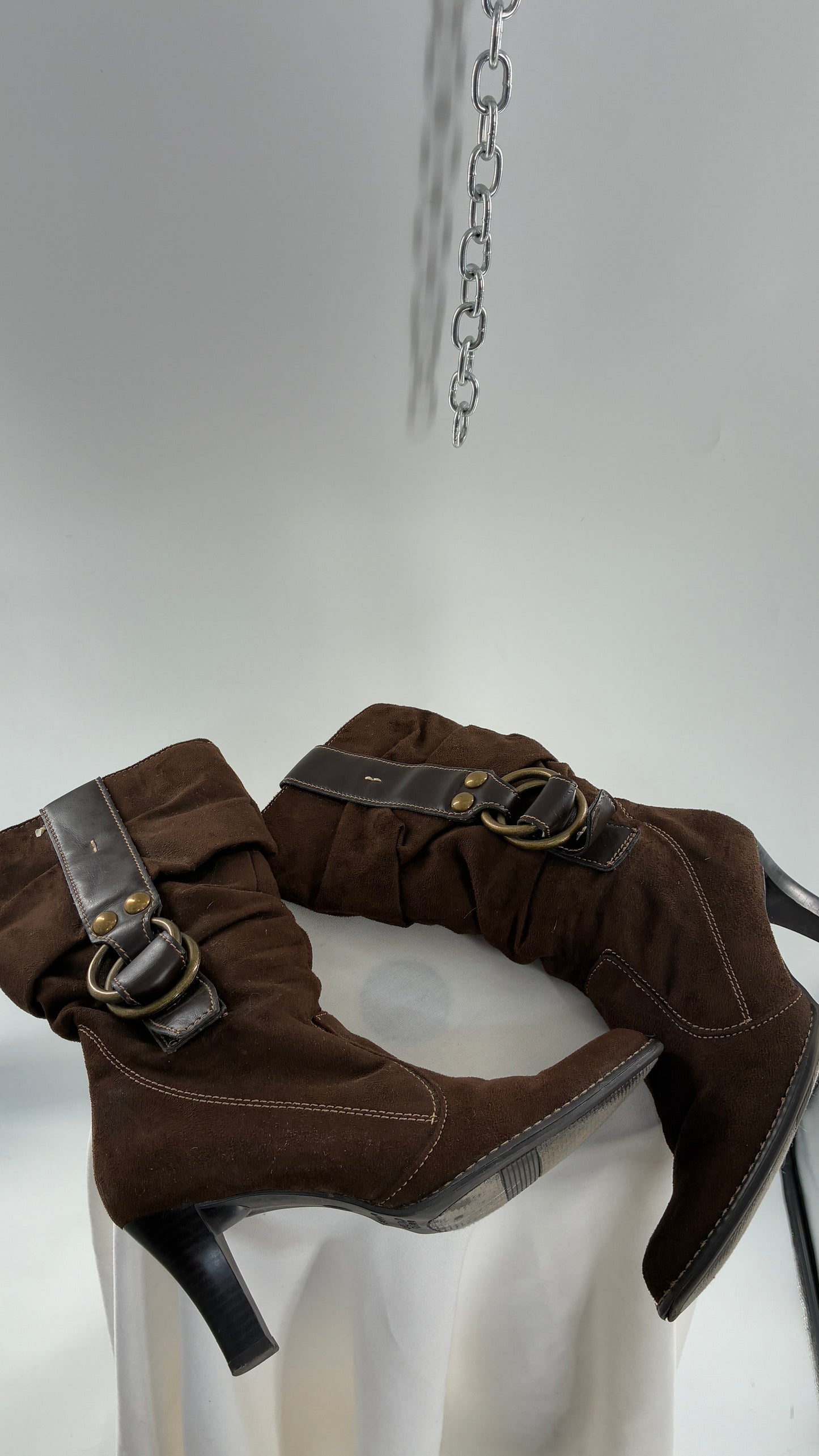 Vintage PREDICTIONS Vegan Suede Brown Stacked Boots with Buckle Detail (6.5)