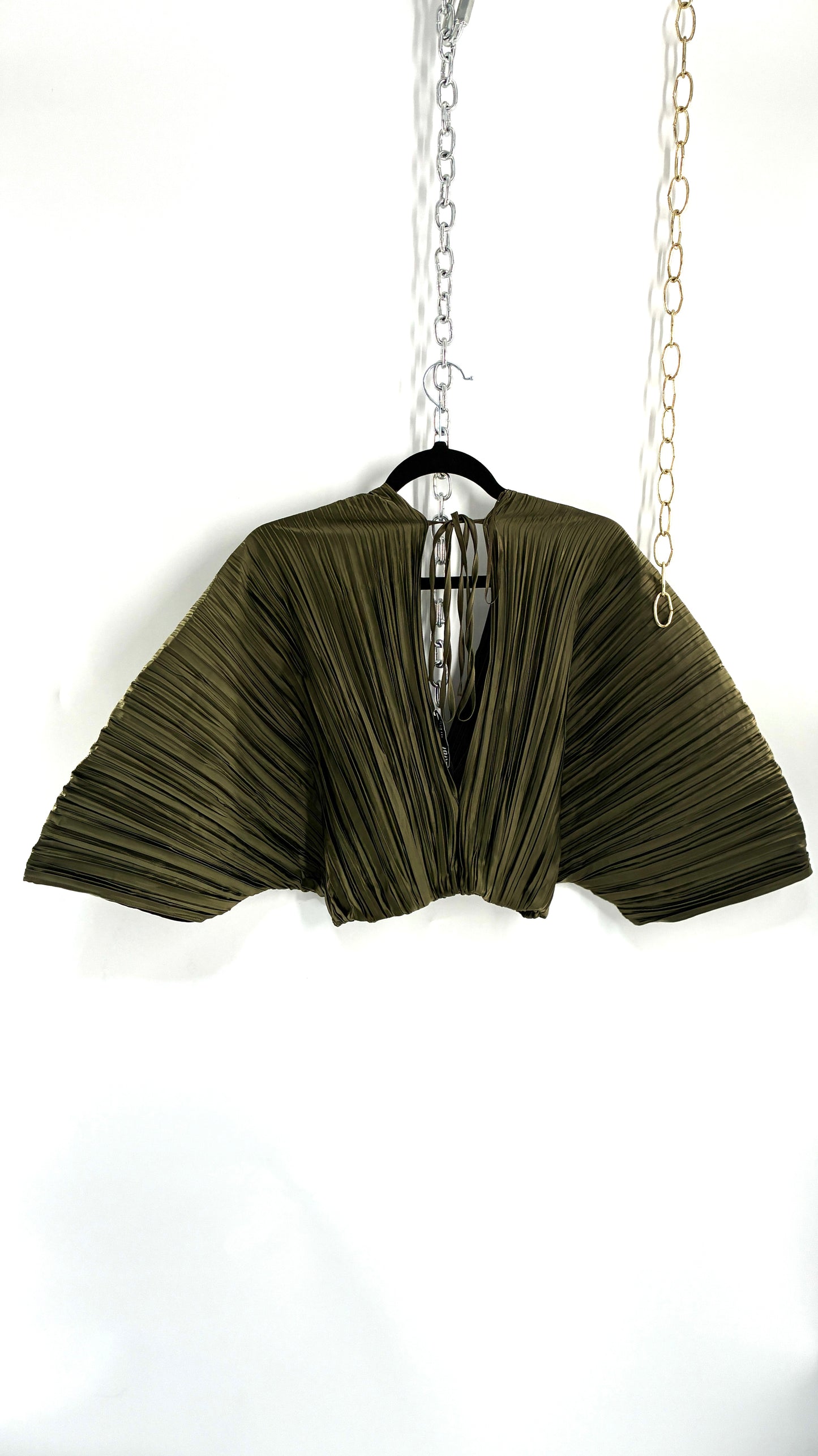 ZARA Olive Green Pleated Fanned Sleeve Top (Small)