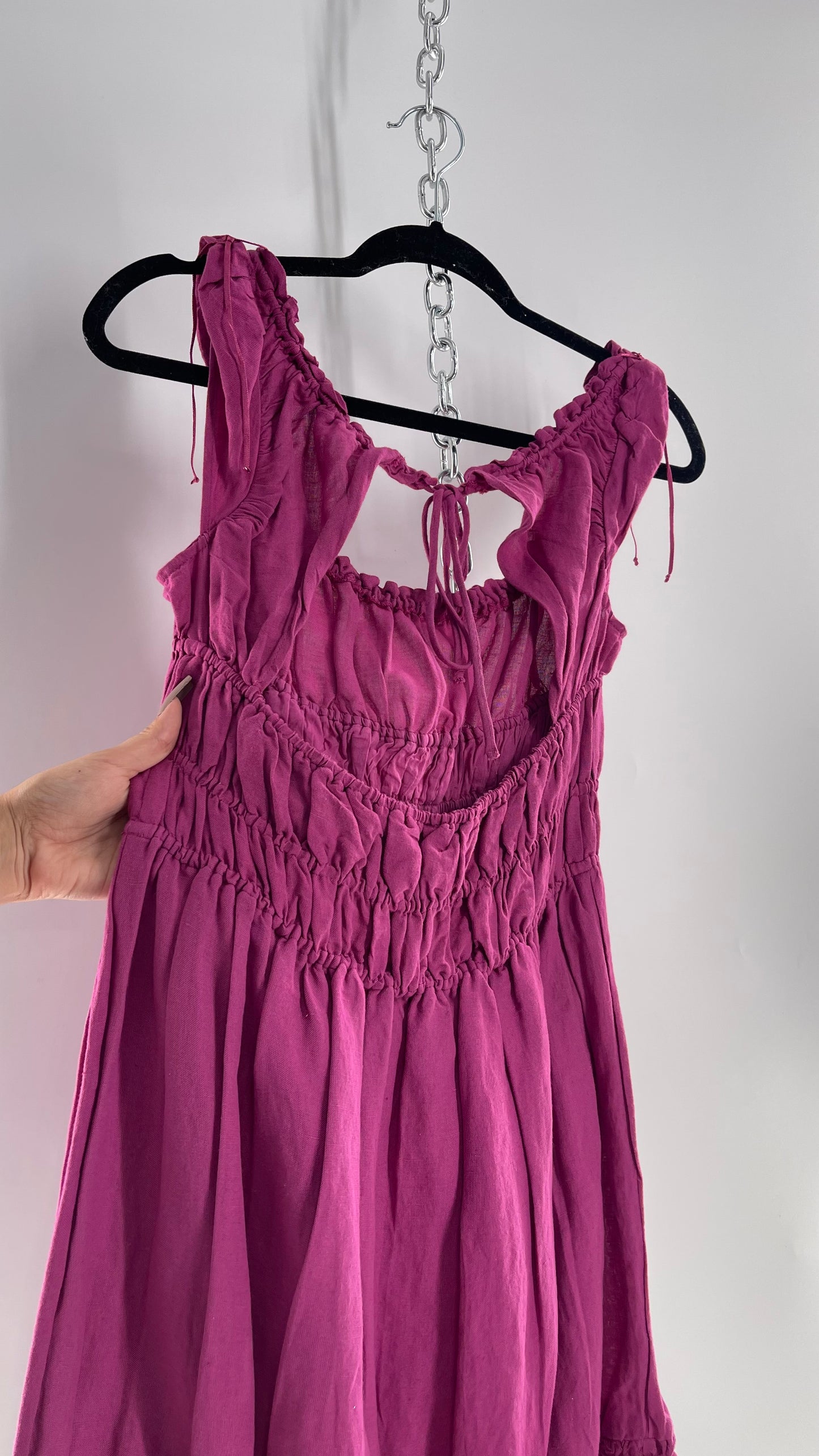 Anthropologie Mauve Cotton Dress with Smocked Bodice and Open Back (XS)