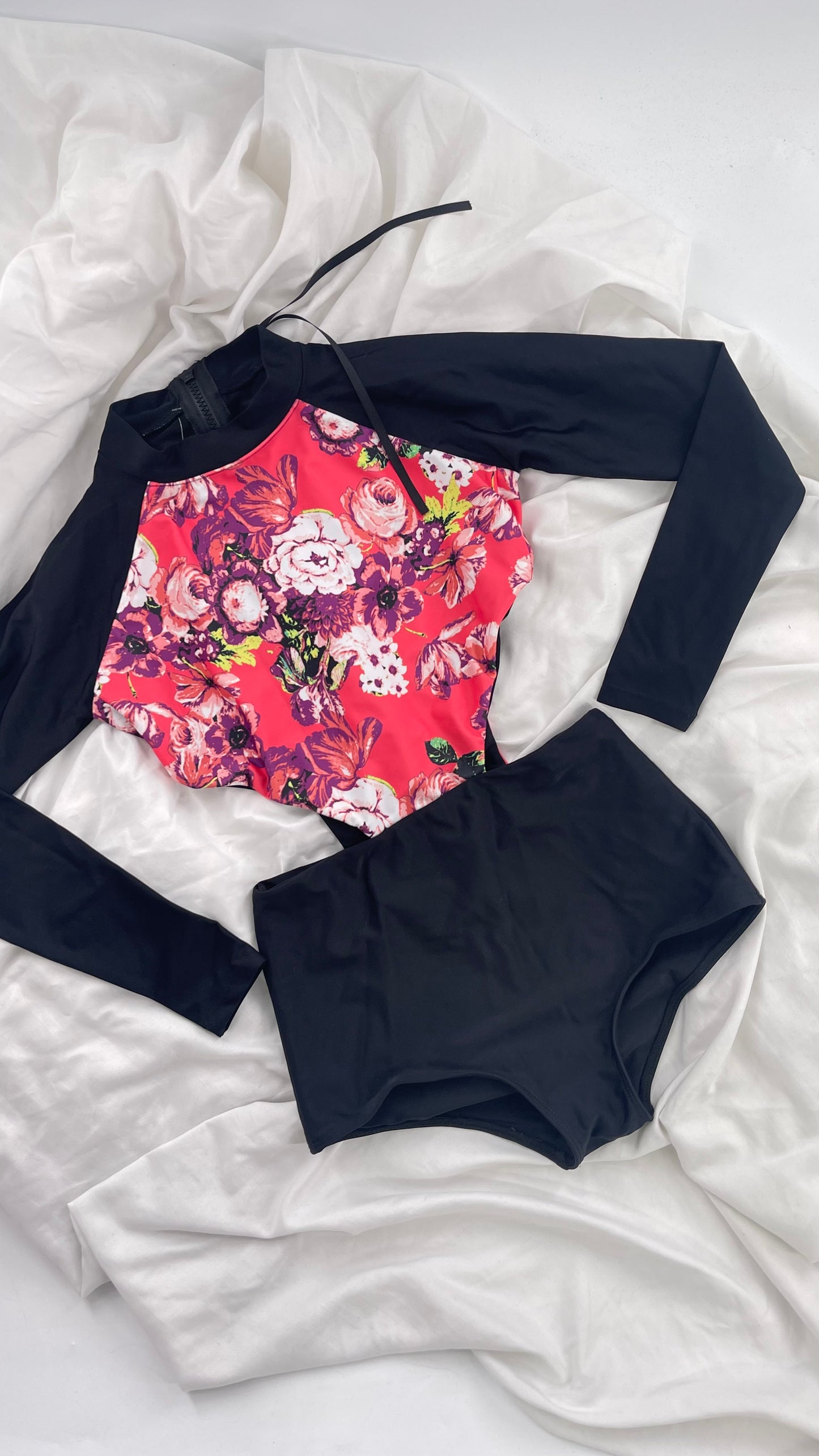 BEACH RIOT x Free People Black Long Sleeve Swimsuit with Hot Pink Floral Torso and Cut Outs (XS)