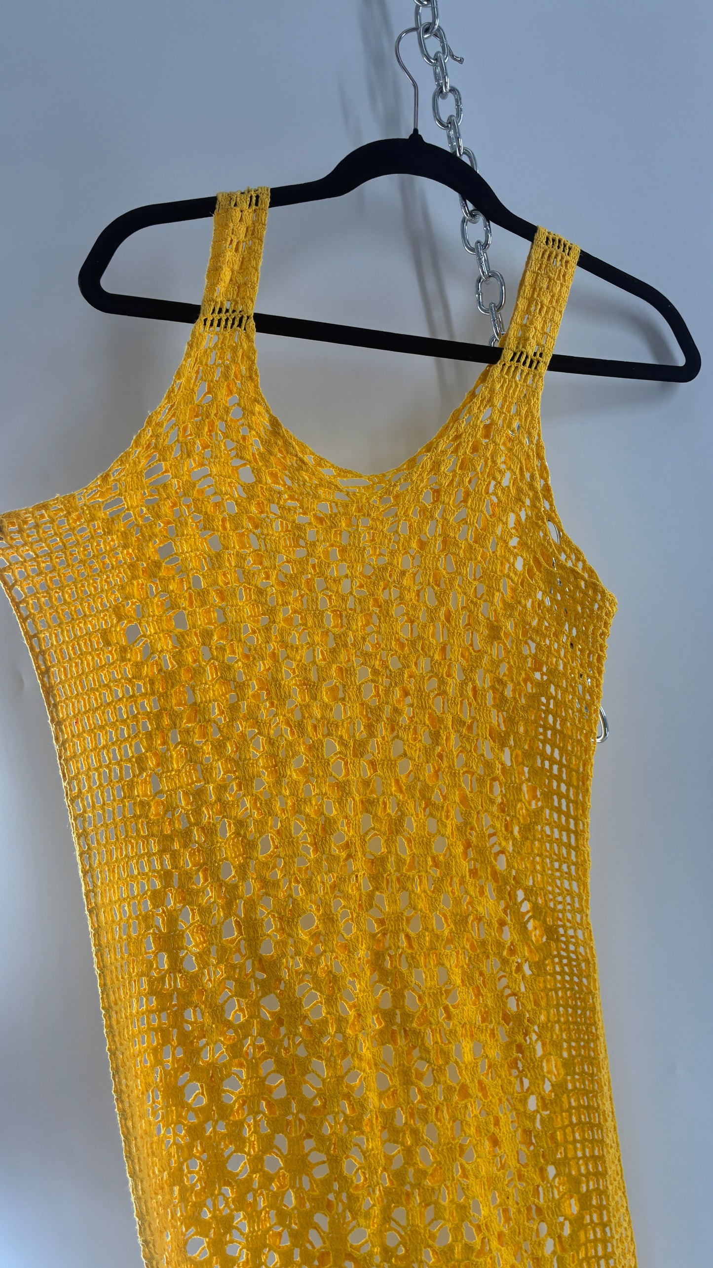 Vintage Brazilian Hand Knit Yellow Crochet Mini Dress (S/M)
