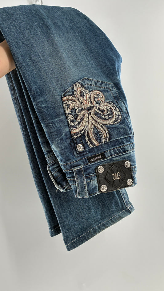 Vintage MISSME Kick Flare Jeans with Embroidered Pockets with Rhinestone Detailing (28)