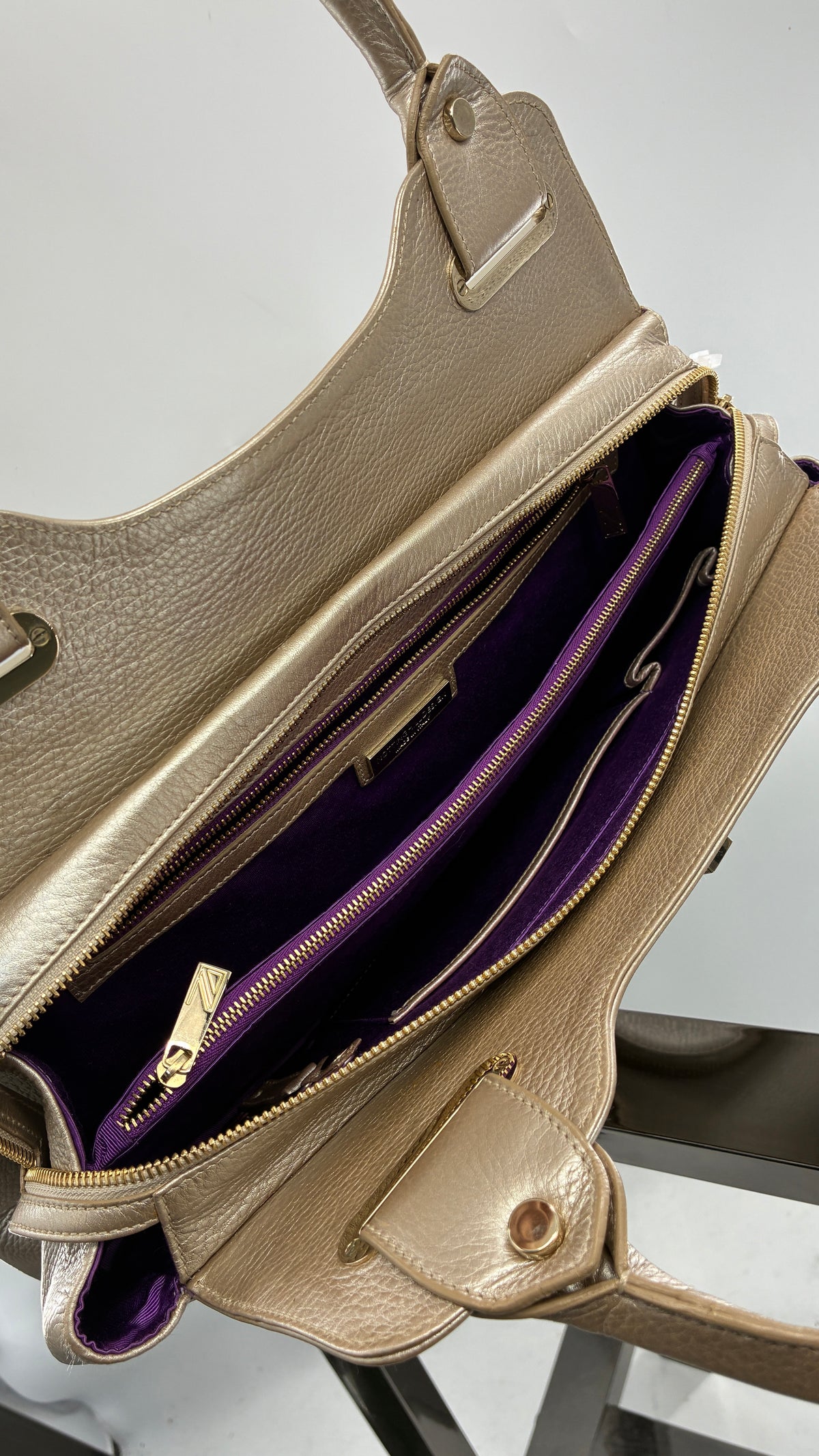 Vintage NOTTINGHILL DESIGNS Westbourne Metallic Champagne Genuine Leather Pocketed Bag with Exaggerated Hardware As Seen on Gossip Girl