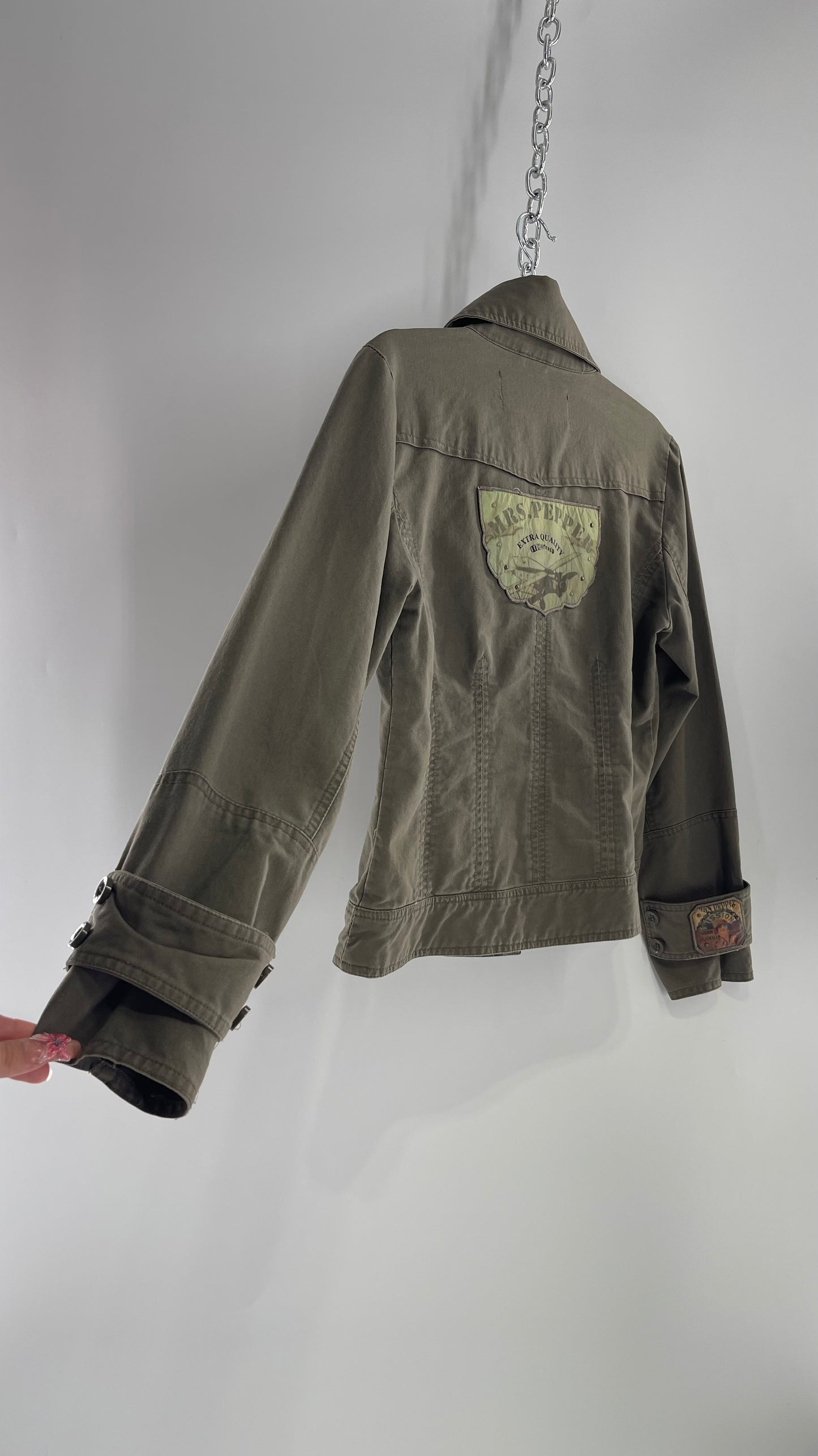 Vintage Mrs.Pepper Army Olive Green Jacket with Military Style Patches and Cuffs (Small)