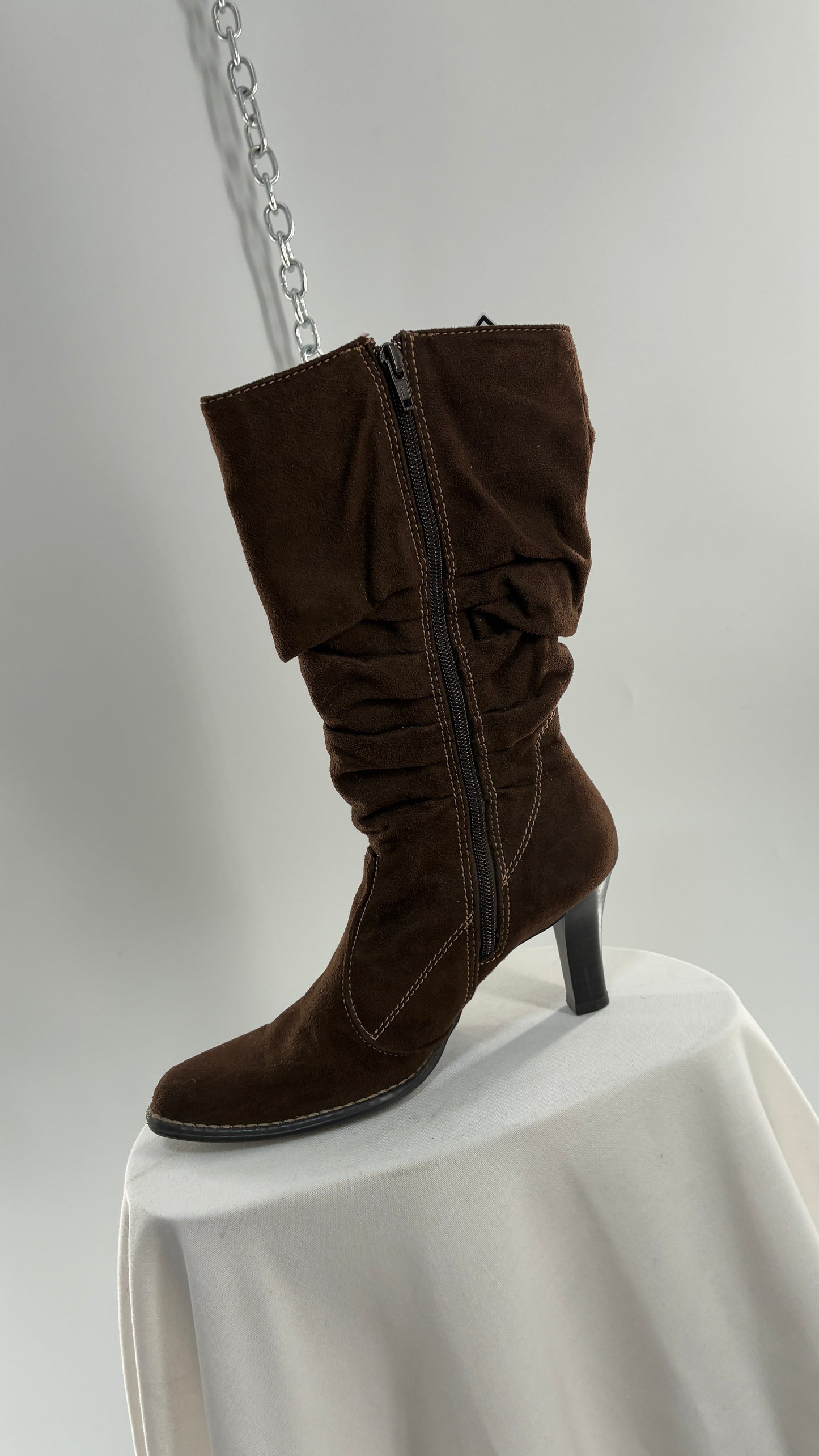 Vintage PREDICTIONS Vegan Suede Brown Stacked Boots with Buckle Detail (6.5)