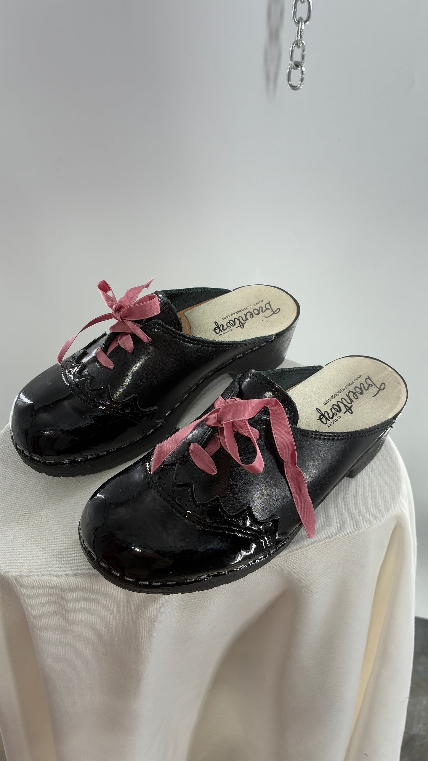 Vintage 1970s TROENTORPS Black Patent Leather Clogs with Ribbon Tie Detail (38)