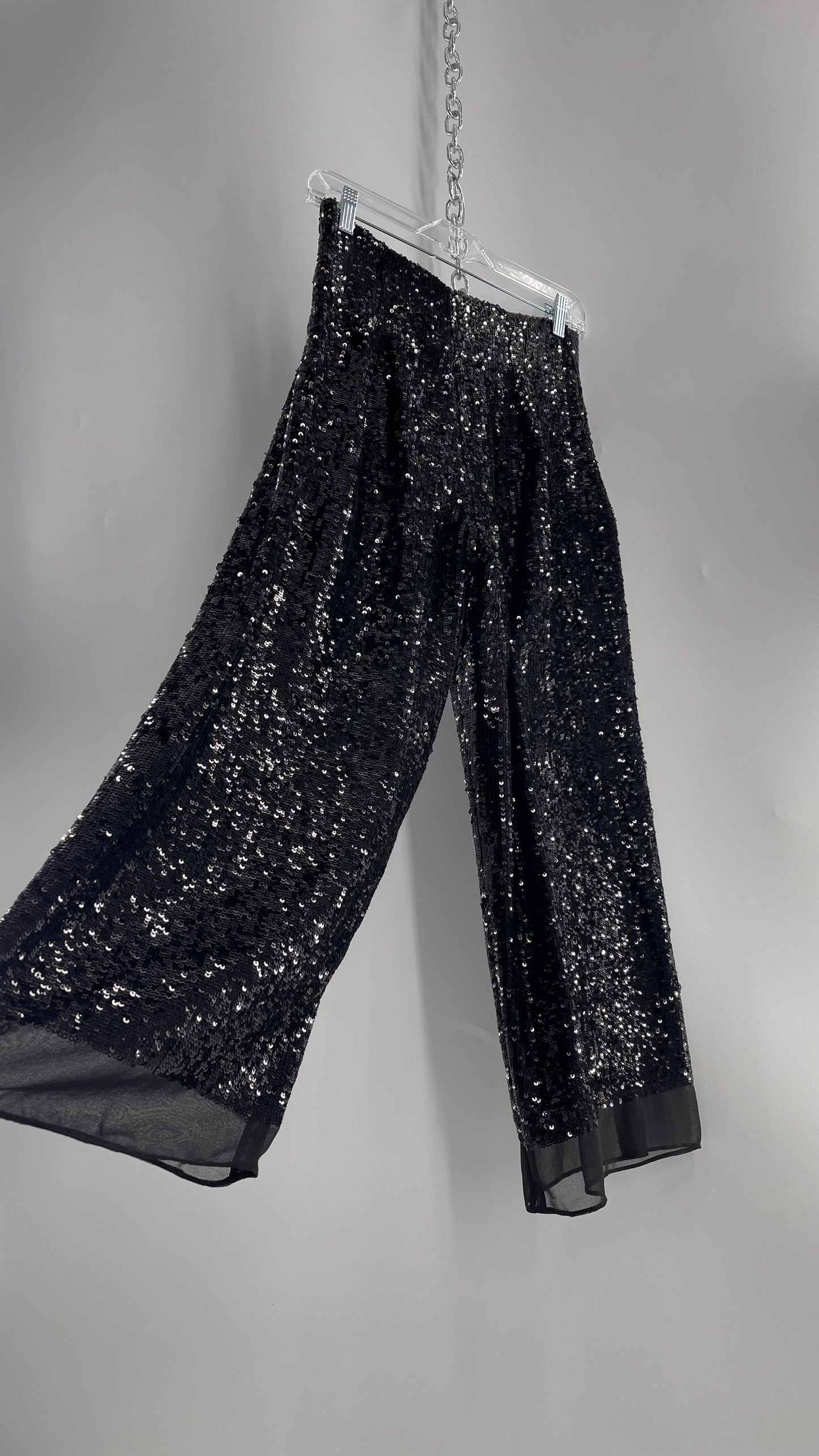 ZARA STUDIO Black Sequin Pijama Trouser with Chiffon Hem and Ribbon Lined Waist (Medium)