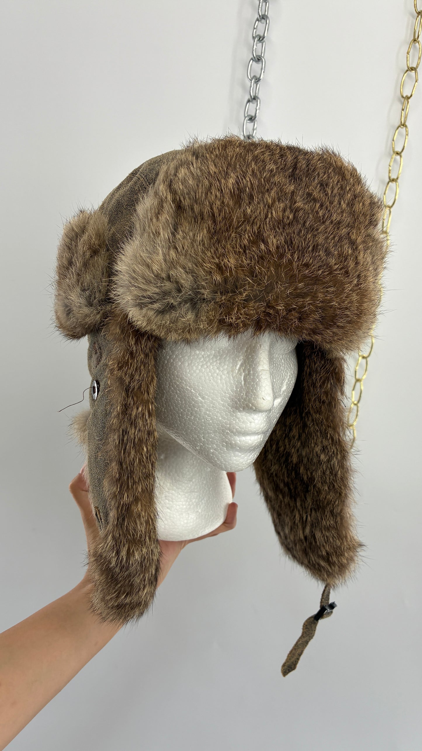 Vintage YUKON CHARLIE Genuine Leather Aviator Trapper Hat with Rabbit Fur Lining